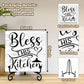 GOLRMC Kitchen Counter Decor, Table Decorations for Dining Room, Blessd Sign, Fun Farmhouse Kitchen Wooden Plaque with Iron Stand for Table Shelf Display-A02