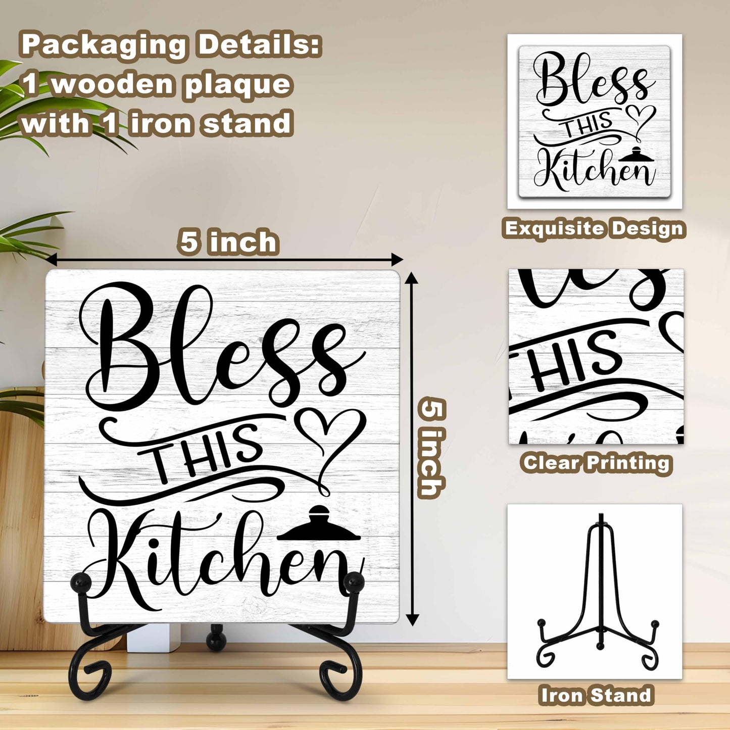GOLRMC Kitchen Counter Decor, Table Decorations for Dining Room, Blessd Sign, Fun Farmhouse Kitchen Wooden Plaque with Iron Stand for Table Shelf Display-A02