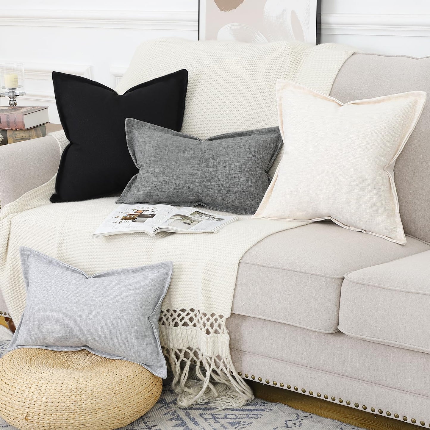 MADIZZ Set of 2 Linen Throw Pillow Covers with Broad Edge Soft Boho Decorative Pillow Cases for Sofa Bedroom Modern Pillow Shell 18x18 Inch Black