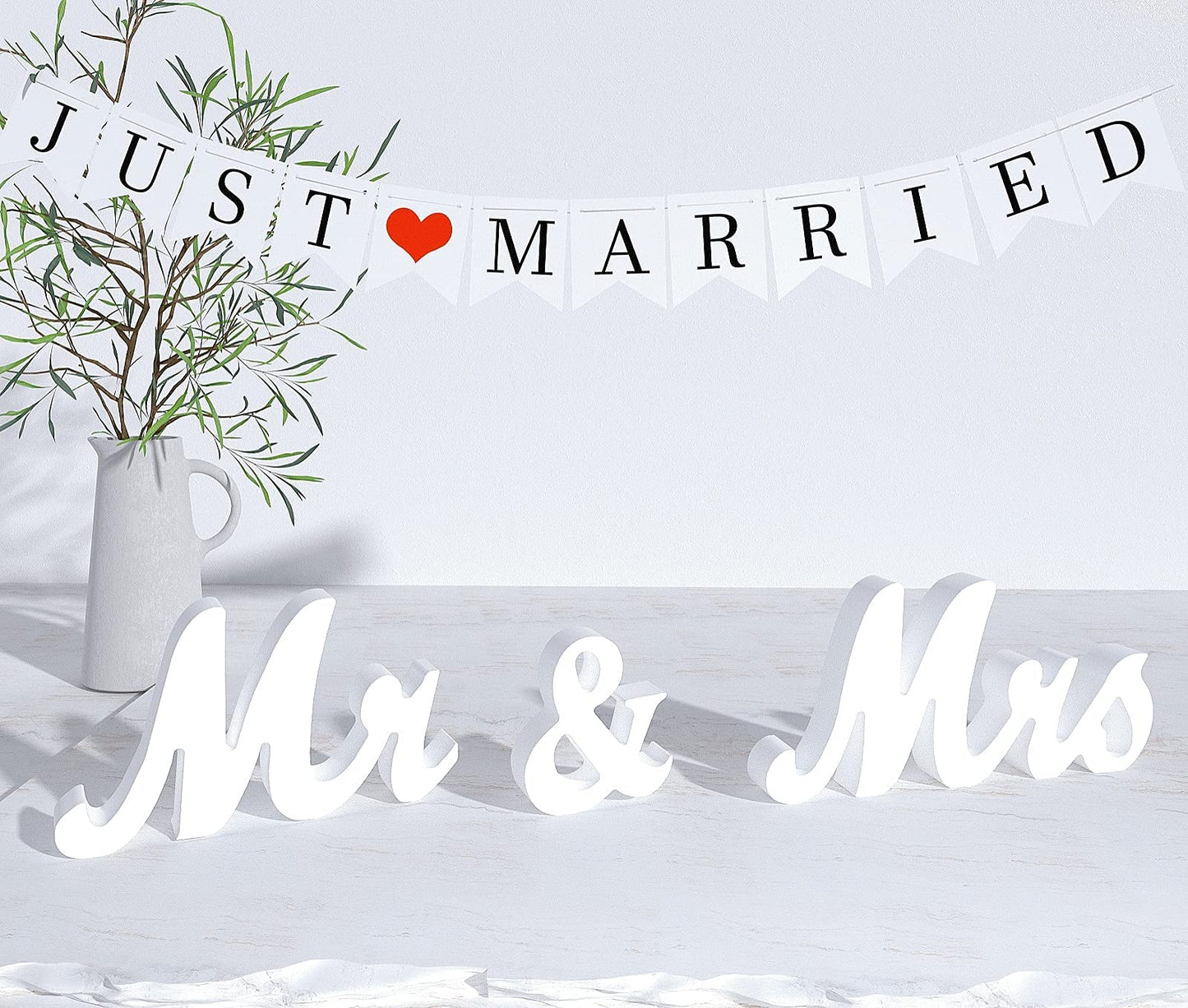 VIOPVERY Mr and Mrs Sign for Wedding Table,Large White Mr and Mrs Sign,Wooden Letters,Mr & Miss Sign with Just Married Banner Wedding Decorations for Anniversary
