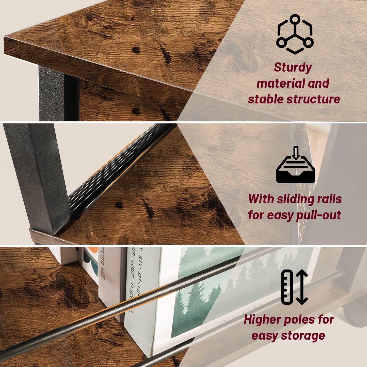 DGSANDGO Side Table with Charging Station and Drawer, Narrow End Table with USB Ports and Outlets for Small Space, Living Room, Bedroom and Office, with 4 Wheels (1, Rustic Brown + Black)