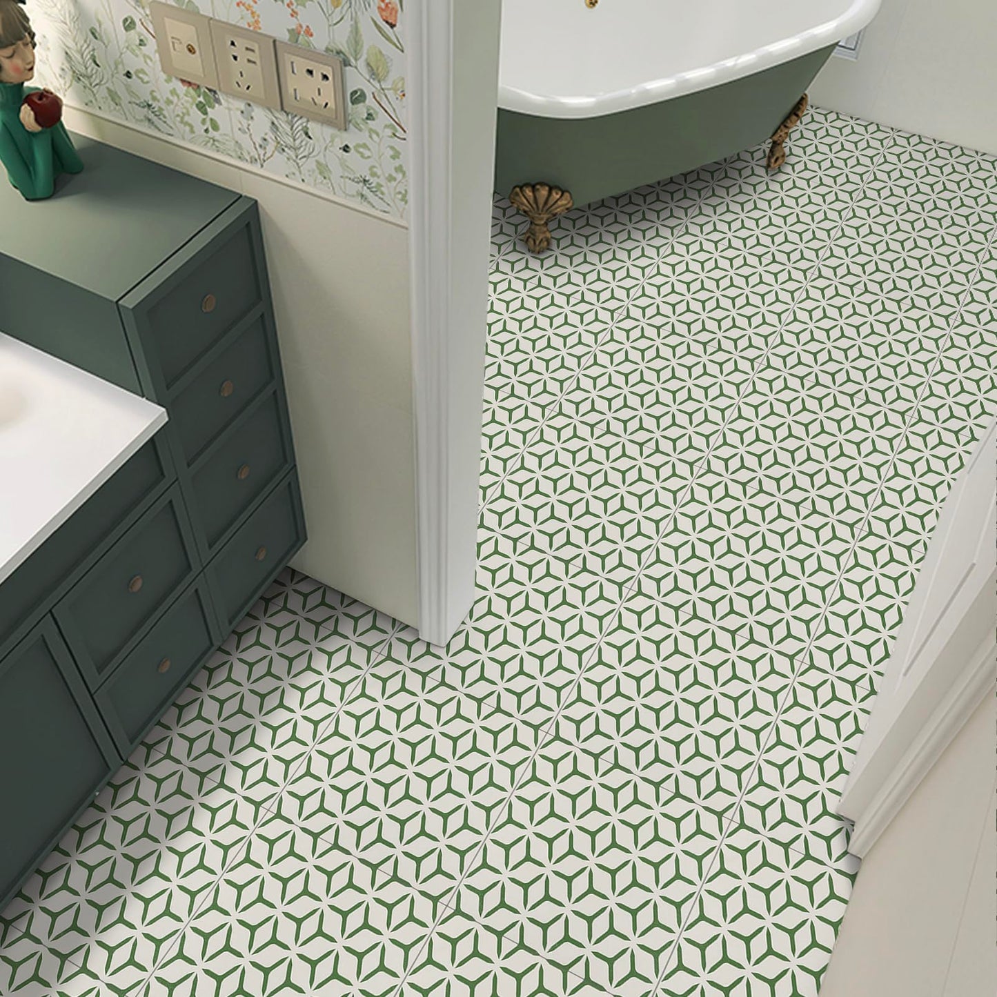 Dureidos Peel and Stick Floor Tile 12"x12", 10Pcs Waterproof Flooring Self-Adhesive Peel and Stick Tile for Bathroom, Kitchen, Geometric Green Pattern(10 sq.ft.)