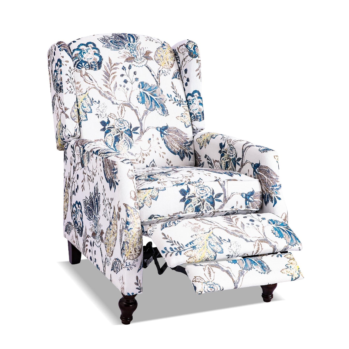 GUEAPY Mid Century Modern Wingback Recliner Chair for Adults, Push Back Upholstered Accent Chair with Floral Fabric, Manual Reclining Armchair for Living Room, Bedroom, Reading Corner (Blue Botanical)