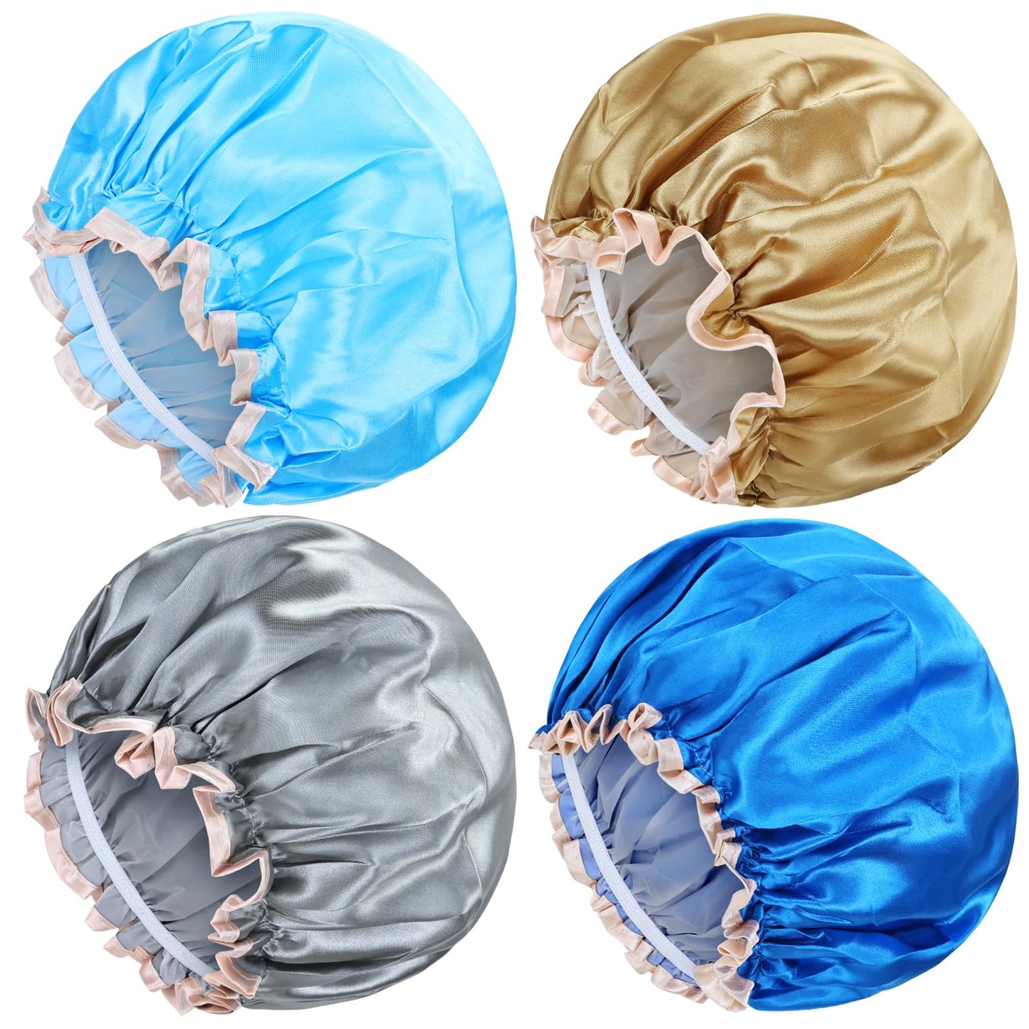 Lawie 4 PACK Double Layer Waterproof Reusable Satin Shower Caps with Adjustable Bath Hair Caps Stretchy PEVA Bathing Hats Bonnets Curly Long Braids Hair for Women Girls (pack 1 of solid colors)