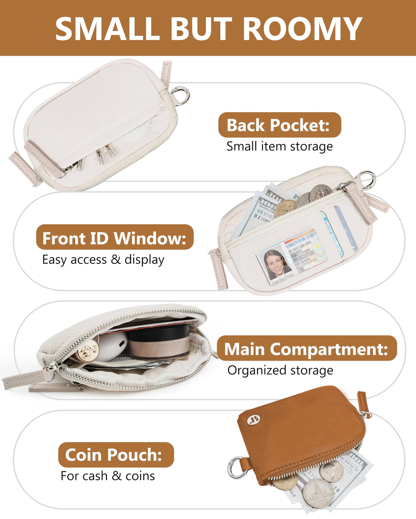 Sunpour Nylon Wristlet Wallet with Keychain for Women,Dual Pouch Small Wallet with Coin Purse & ID Window,Stylish Gift for Travel & Everyday Use (Beige＆Brown)