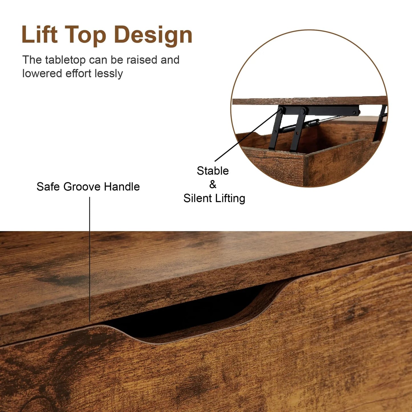 SANODESK 39" Wood Lift Top Coffee Table with Hidden Compartment and Storage Shelf for Living Room, Reception Room, Brown