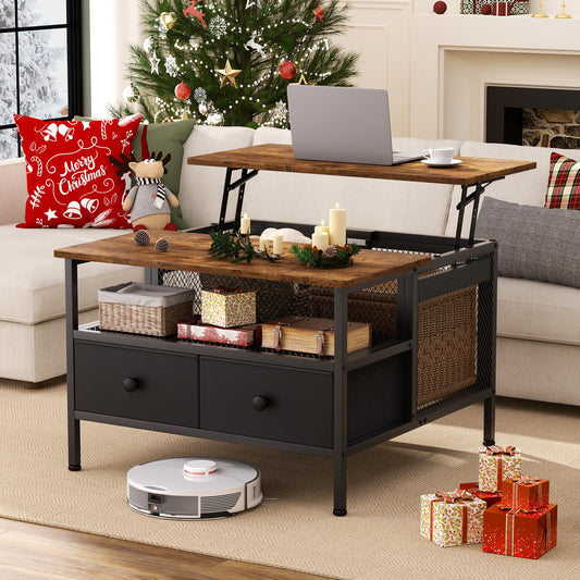 FABATO Lift Top Coffee Table, Square Coffee Table Metal Wood, Farmhouse Lift Up Coffee Tables Cocktail Table with Wire Mesh Barn Door and Storage, Steel Frame, Small Tea Table for Living Room, Black