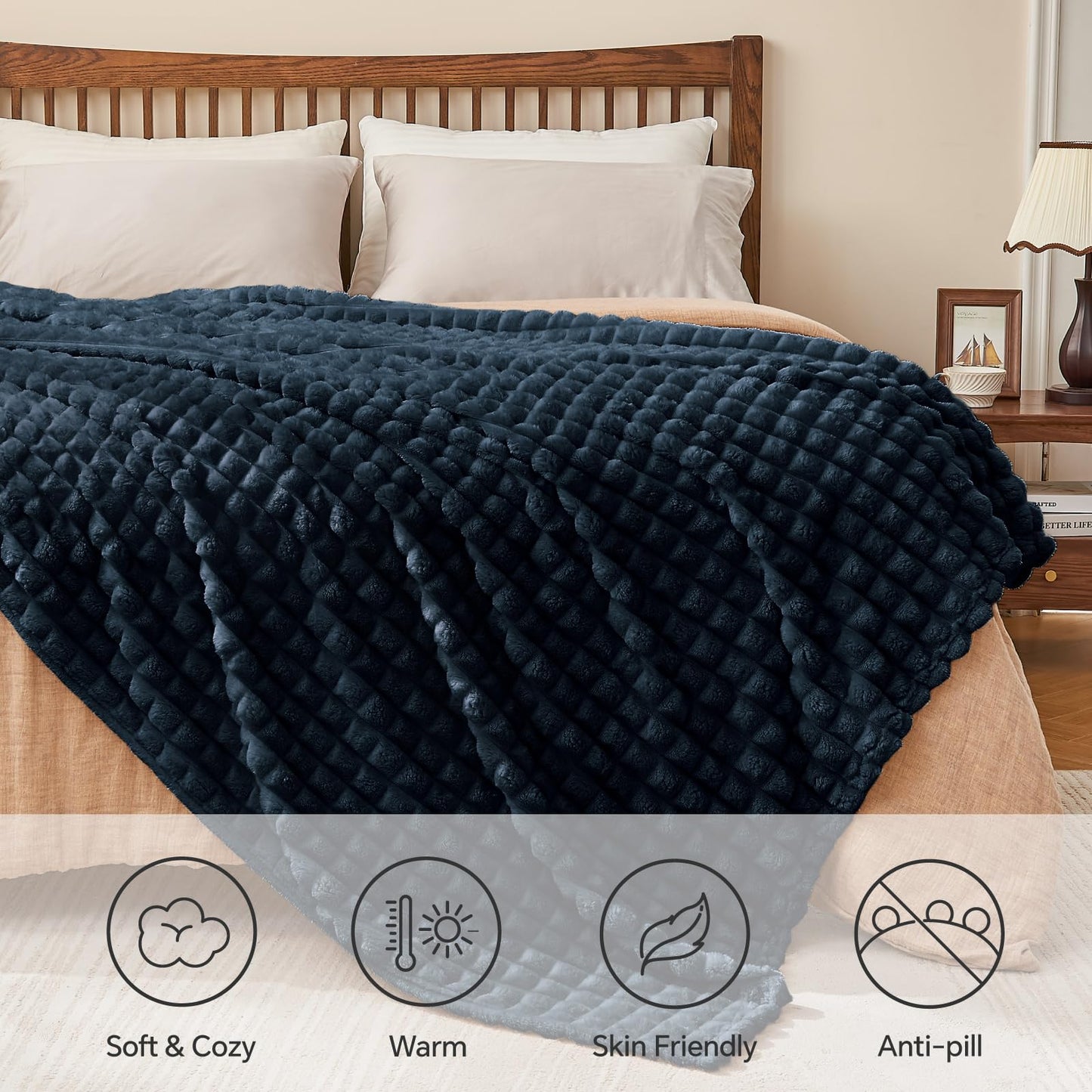 BEDELITE Navy Throw Blanket for Couch and Bed- Super Soft and Warm 3D Checkered Fluffy Fuzzy Fleece Blanket, Luxurious Plush Cozy Blanket for Room Decor Spring, 50x60 inches
