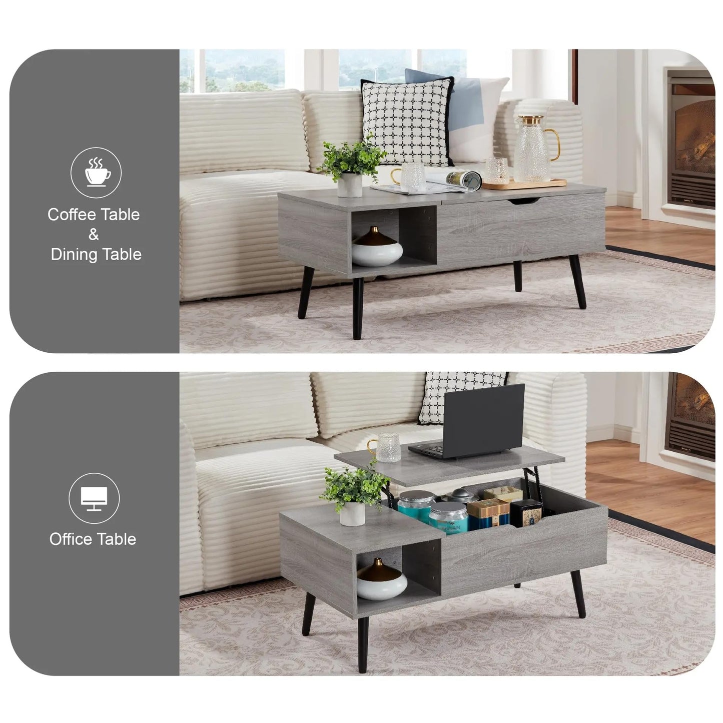 SANODESK 39" Wood Lift Top Coffee Table with Hidden Compartment and Storage Shelf for Living Room, Reception Room, Grey