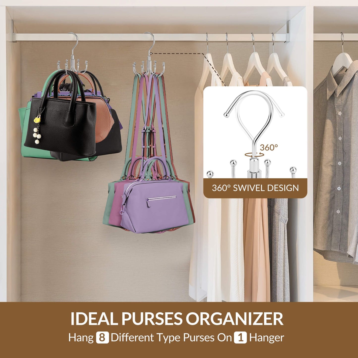 ZEDODIER Purse Hanger Organizer for Closet, Rotatable Sturdy Purses Holder Holds 8 Bags, Metal Space Saving Closet Organizers and Storage, Silver