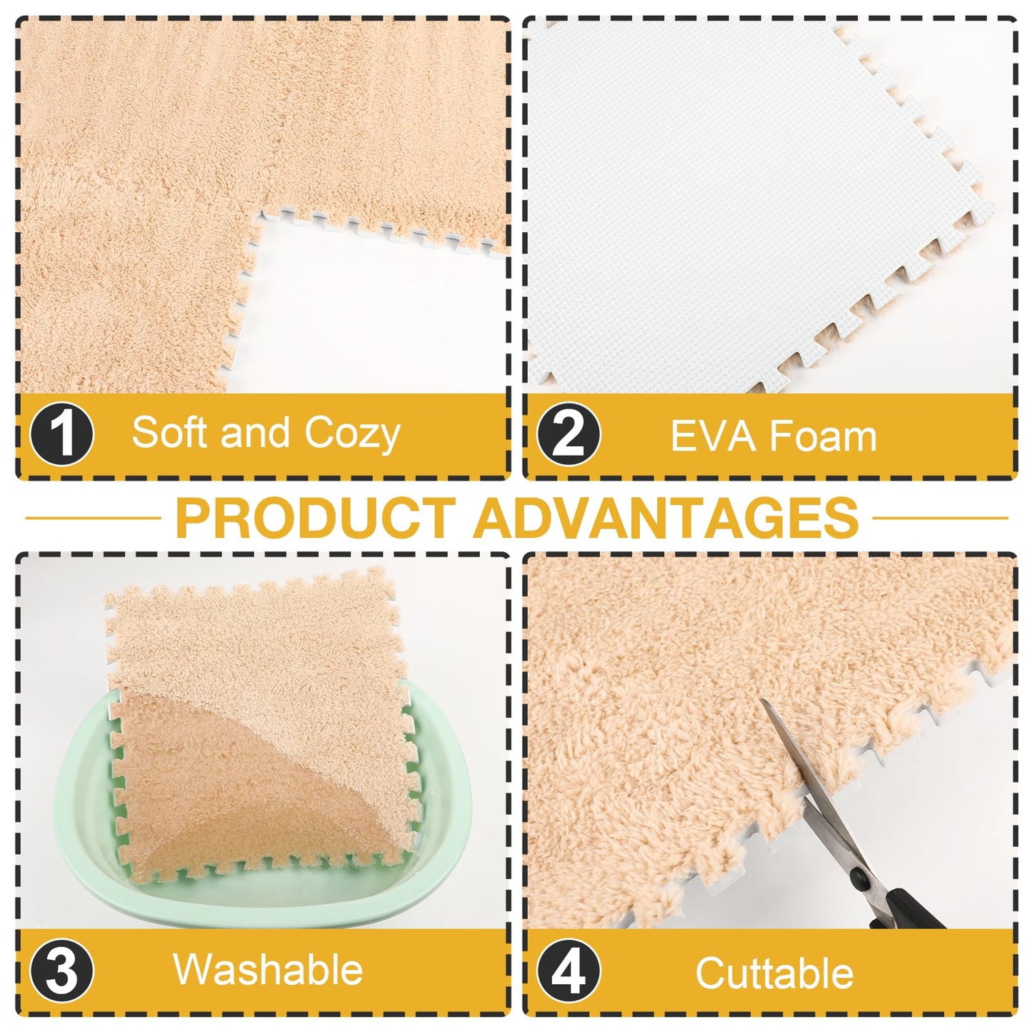 36 Pcs Plush Interlocking Carpet Tiles，Non-Toxic Foam Carpet Tiles for Toddler Baby，Machine-Washable，Anti-Slip，EVA Foam Interlocking Tiles for Floor, Nursery, Playroom，Purple,Light Brown,Pink