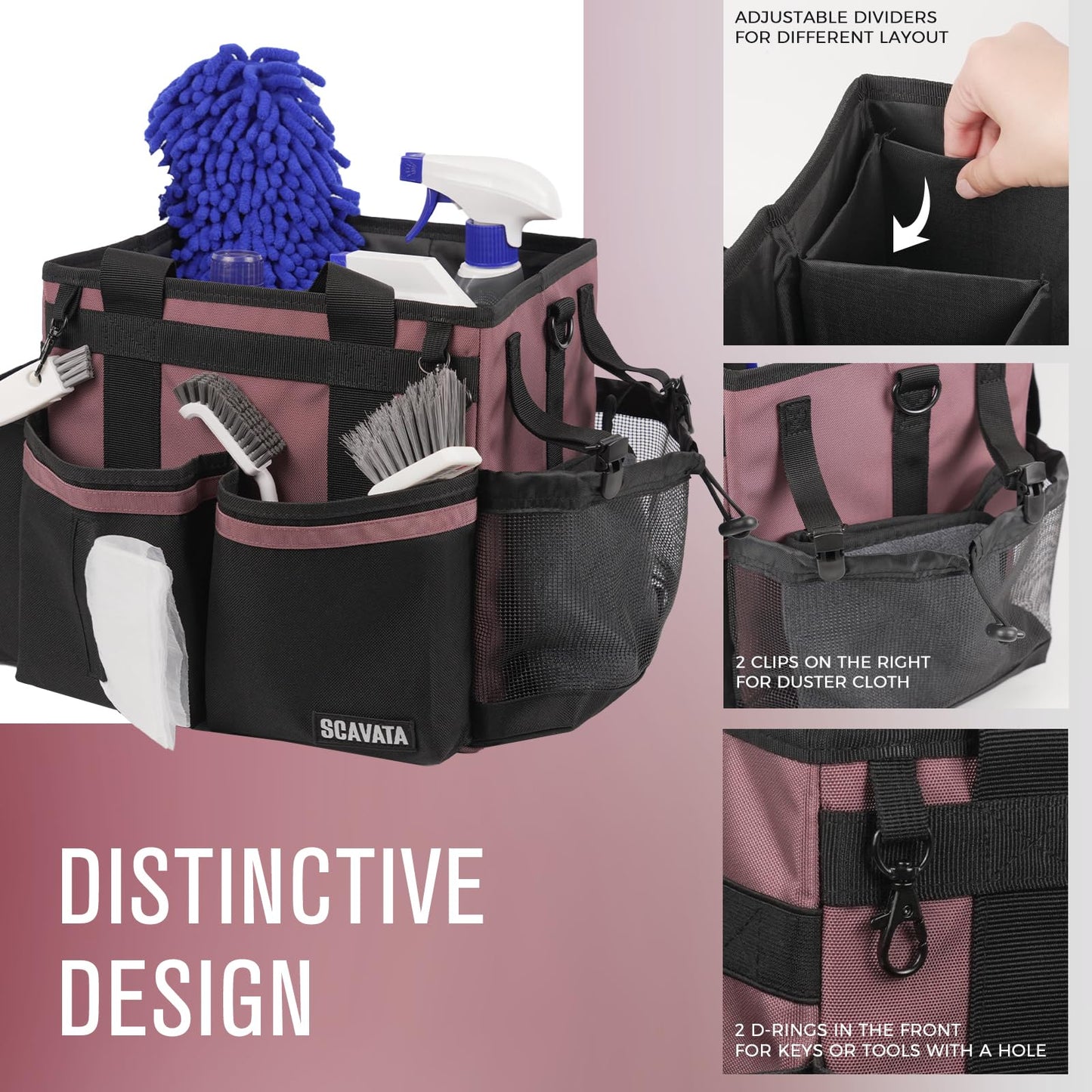 SCAVATA Compact Wearable Cleaning Caddy, Small Cleaning Caddy Supplies Organizer with Handle & Shoulder Straps for Housekeepers, Under Sink & Car Cleaning Tool Organizers Bag (LotusPink)