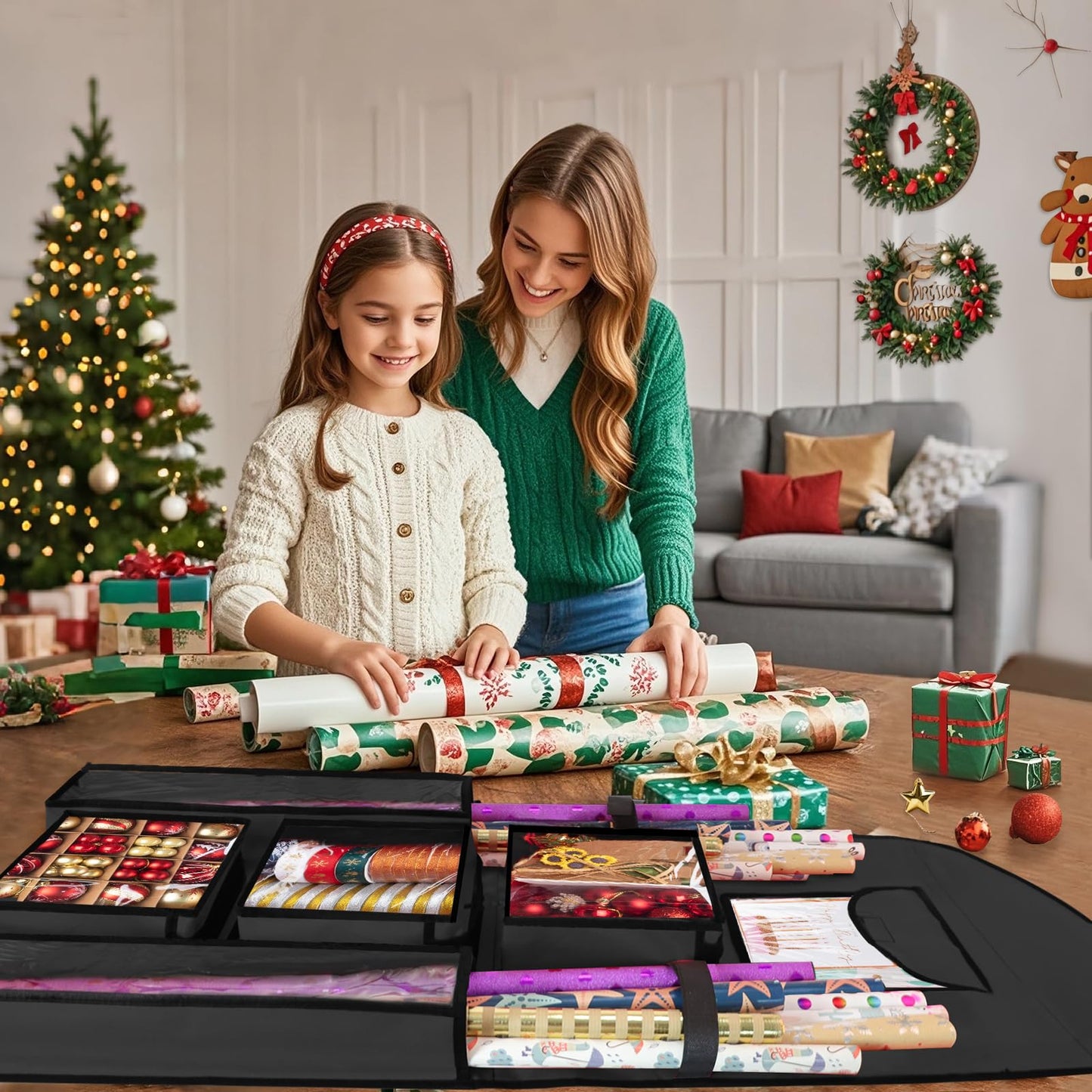 Woodoulogy Hanging Gift Wrapping Paper Storage, 40"X17" Black Double-Sided Christmas Wrapper Bag Container, Oxford Craft Roll Organizer, Present Wrap Holder for Bedroom Closet, Door, Cabinet