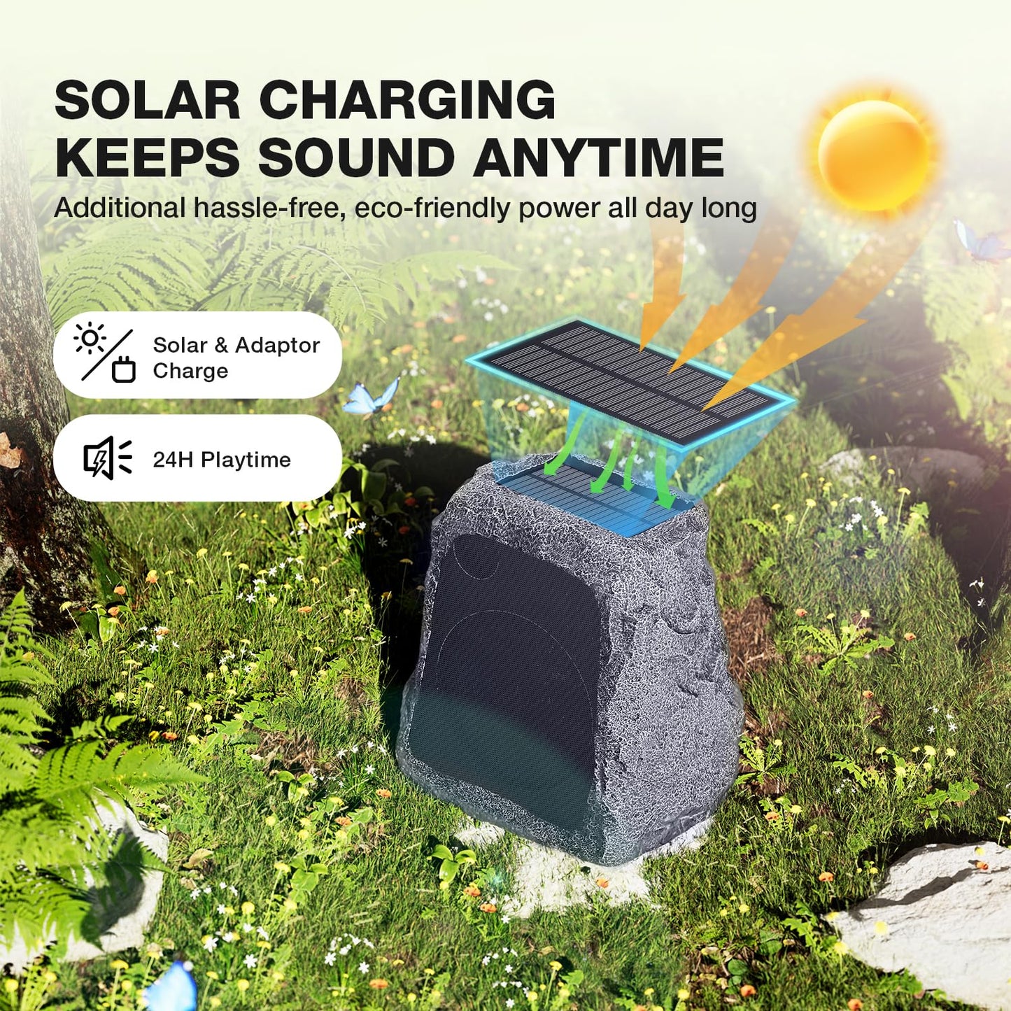 BlitzRock Outdoor Rock Speakers Wireless 80W Power Solar-Powered, 2 Drivers, Auto-Sync and Pair 100+ Speakers, IPX7 Waterproof, 24H Playtime Garden, Patio, Pool, Ideal for Music Entertainers - 2 Pack