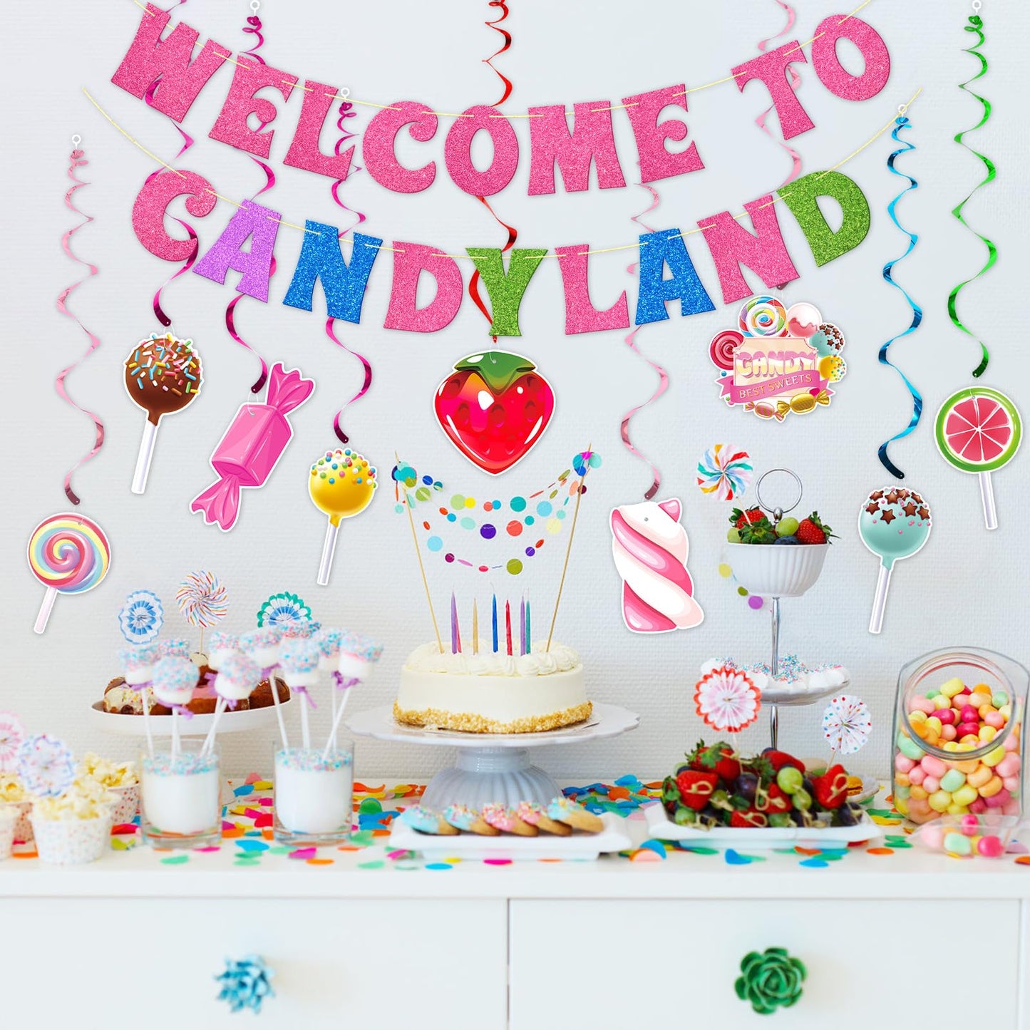 Candy Themed Party Decorations - Hanging Swirls, Banner, Birthday and Baby Shower Decor for Classroom - 11Pcs