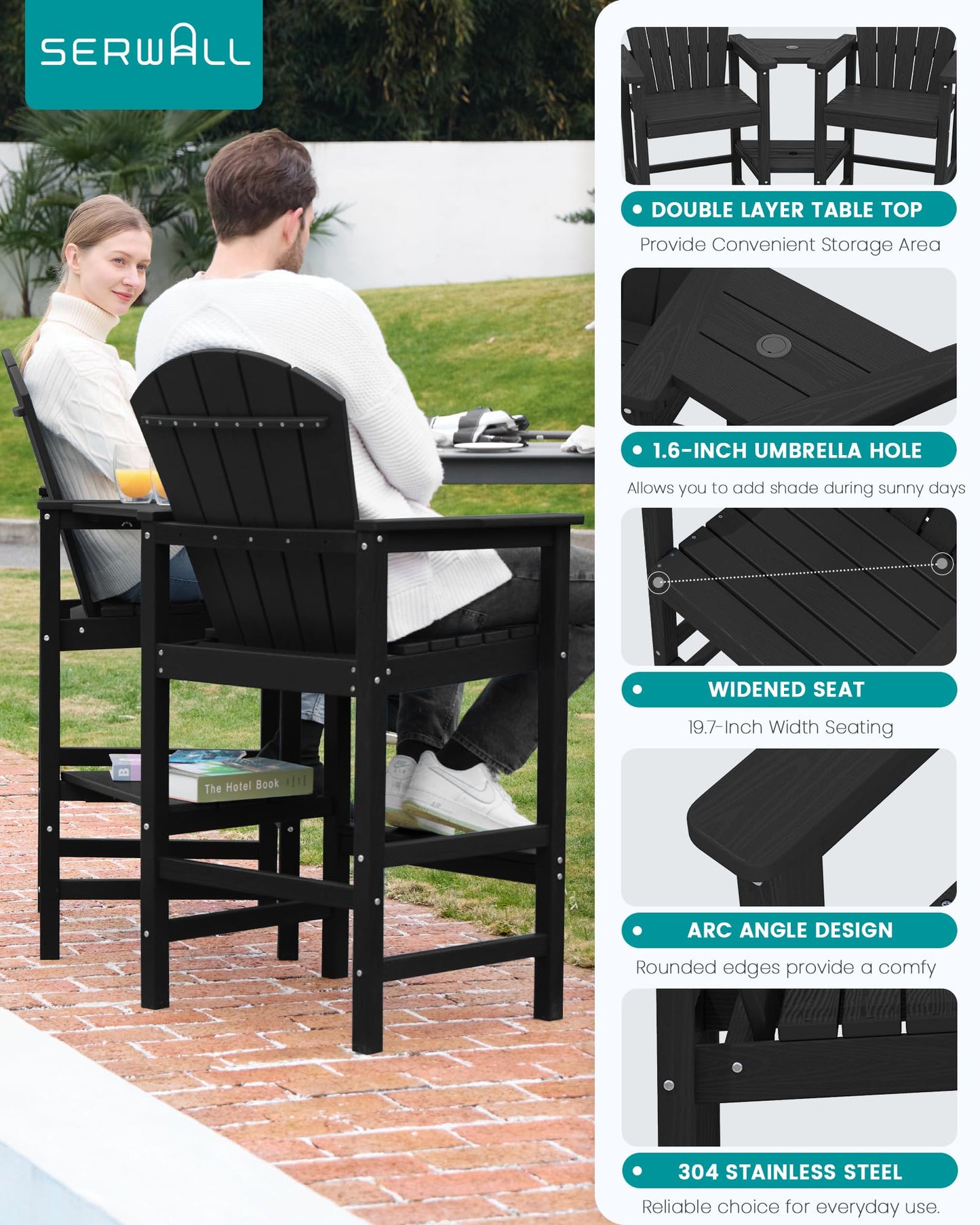 SERWALL Tall Adirondack Chairs Set of 4 with Double Layer Connecting Tray, HDPE Bar Height Outdoor Chairs, Wood-Like Adirondack Bar Stools for Patio, Balcony, Porch, Black