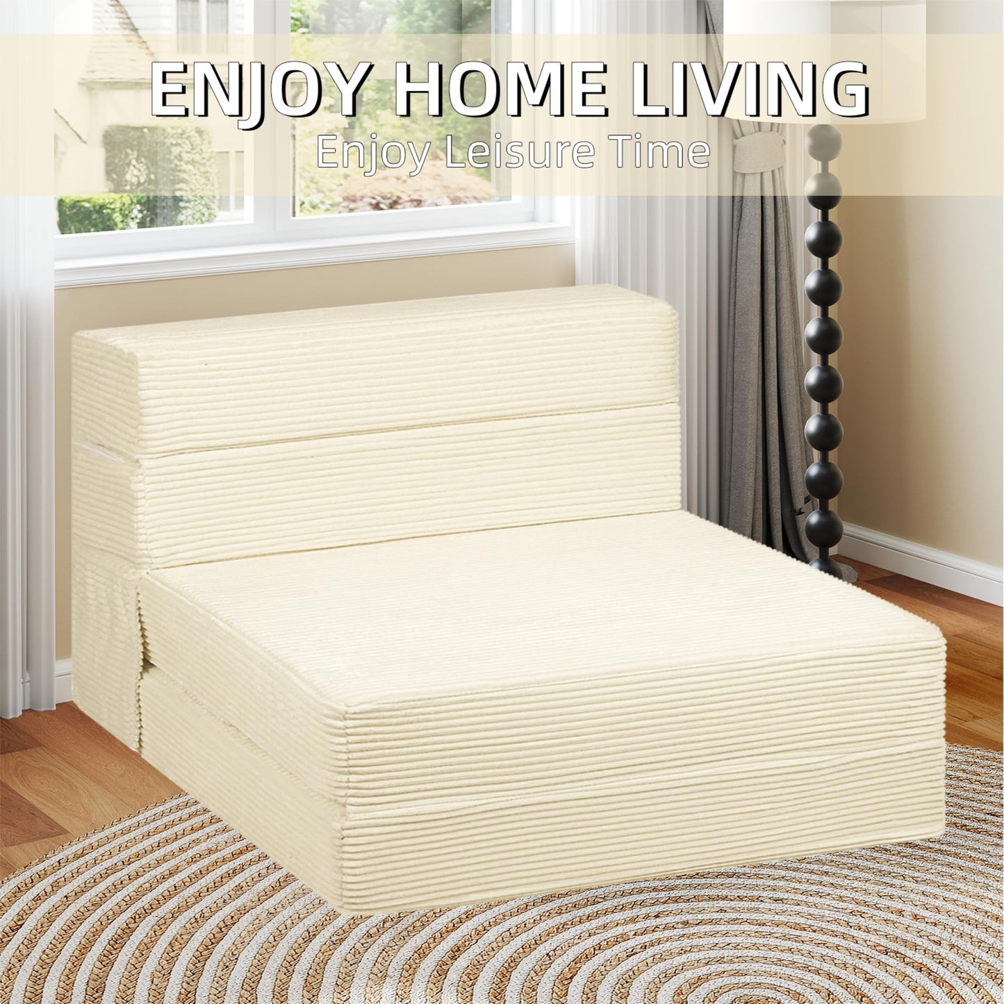 IBXFO Folding Sofa Bed, Convertible Sleeper with High Density Foam, Foldable Chair Bed Mattress, Futon Floor Couch for Living Room, Guest Room, Twin, White