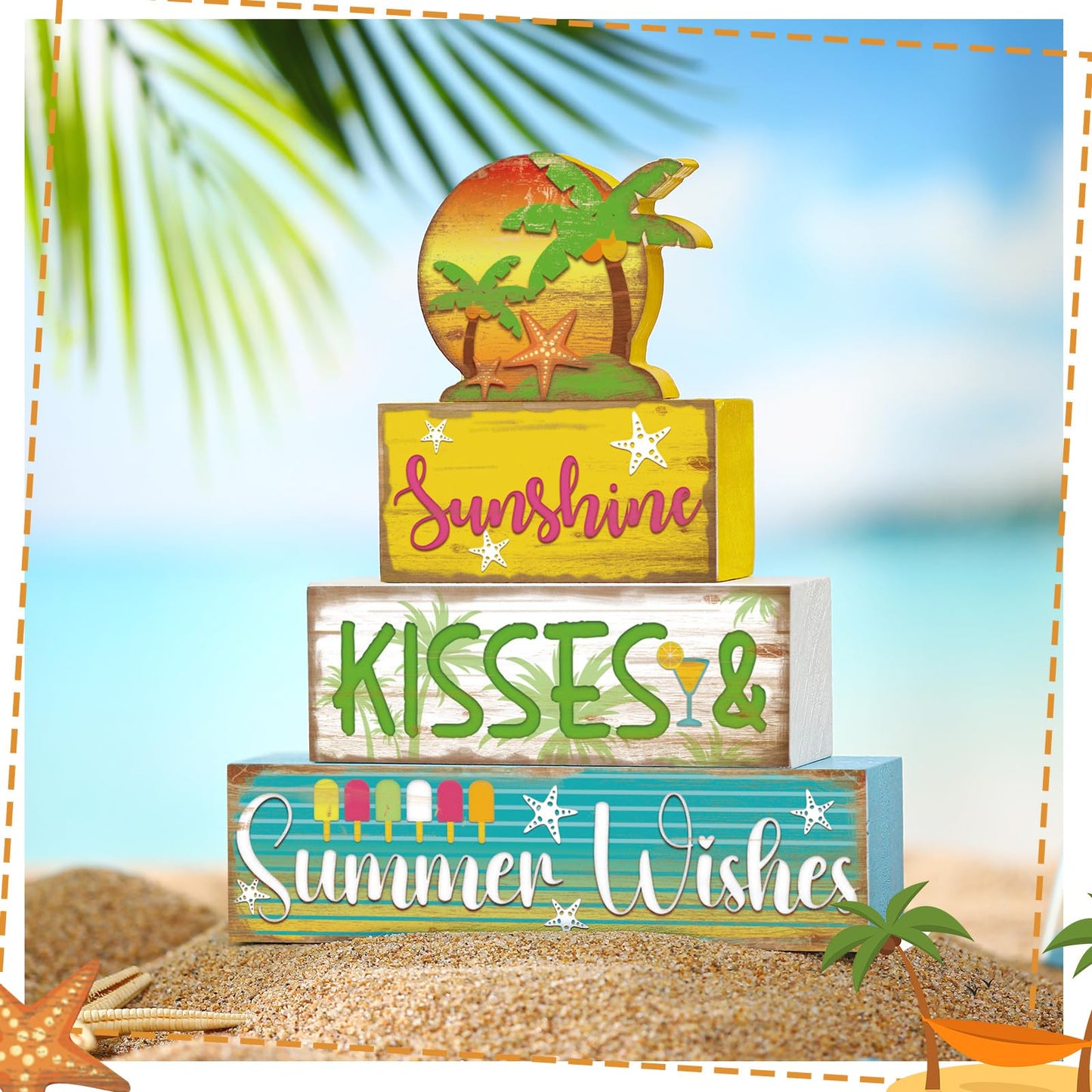 Burbell 4 Pcs Summer Wooden Tiered Tray Decor Farmhouse Rustic Table Decor Books Stack Block Signs for Table & Home Office Decorations(Hawaii Style)