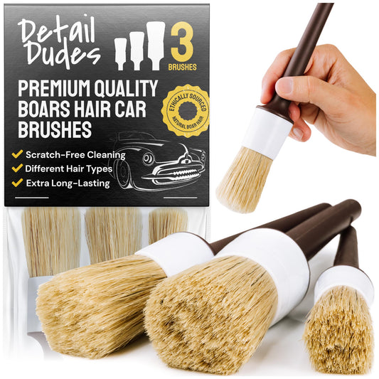 Soft Boars Hair Car Detailing Brush Set for Washing (3 Pack) - Car Detailing Kit - Automotive Cleaning Brush