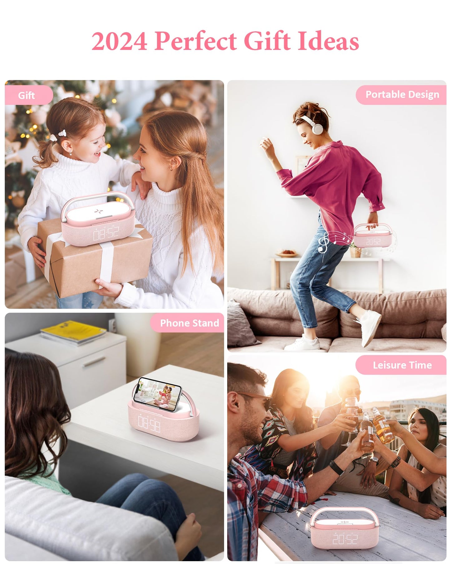 COLSUR Bluetooth Speaker with Wireless Charger, FM Radio, Dimmable LED Night Light, Dual Wireless Speakers, 2500mAh Portable Speaker for Home Decoration, Bedroom, Office, Gift