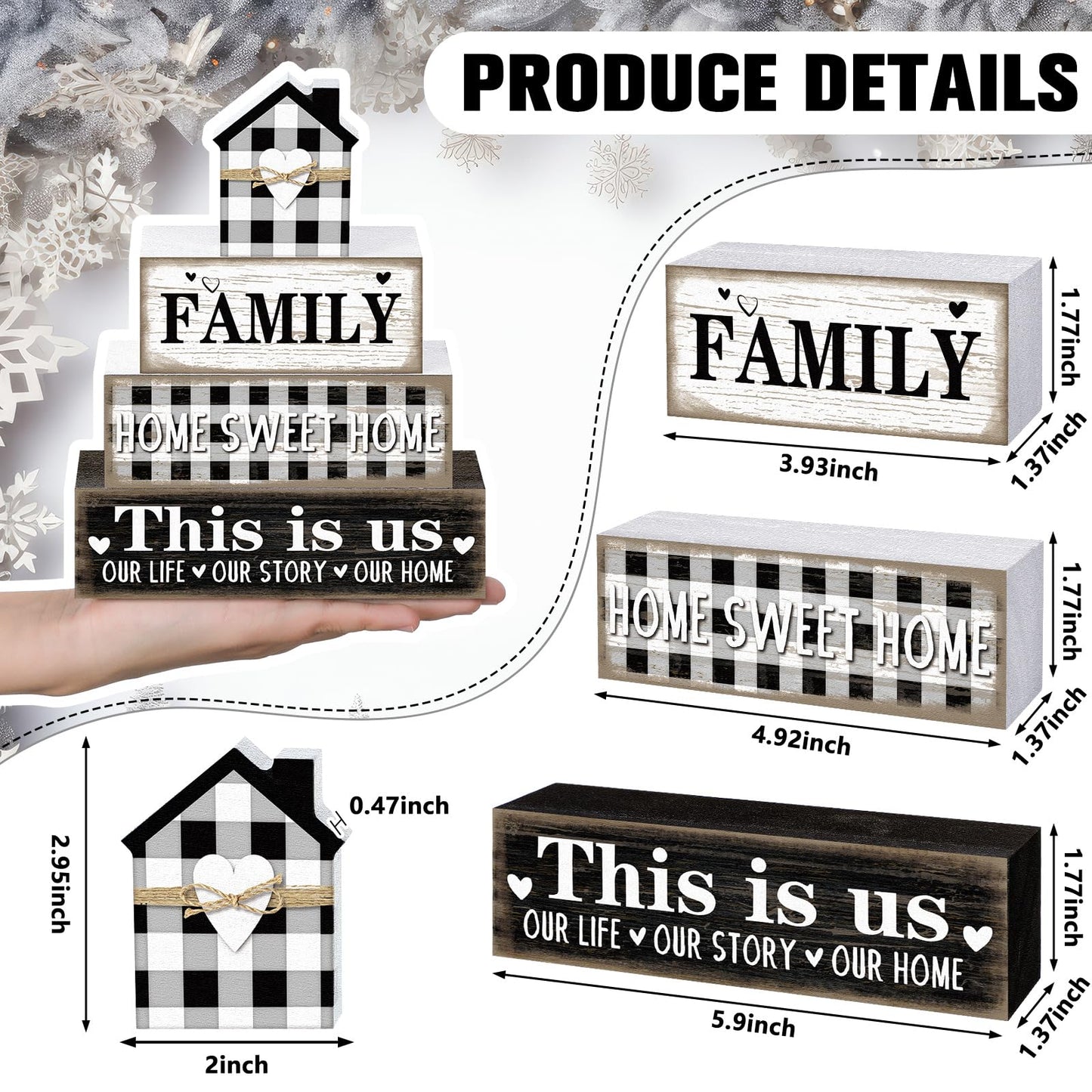 Cinnvoice Farmhouse Wooden Tabletop Decor Rustic Home Sweet Home Table Centerpieces This Is Us Block Sign Black and White Buffalo Plaid Table Decor for Kitchen Shelf Desk Mantel Tiered Tray Decoration