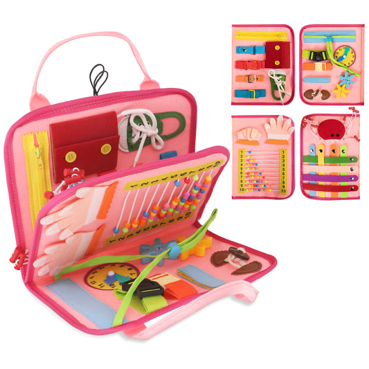 JAGSYJOY Montessori Busy Board Book, Toddlers, Sensory Activities and Preschool Learning - Toy for Home, Airplane and Car Travel (Pink)