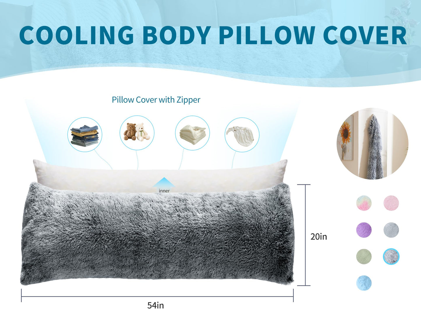 WSOFRLAC Cooling Body Pillow Case Cover with Zipper 20x54 Cooling Body Pillow Cases King Size Pillow Cases Fluffy Dark Gray Cool Long Body Pillows Cases for Adults Kids Side Sleeper Machine Washable