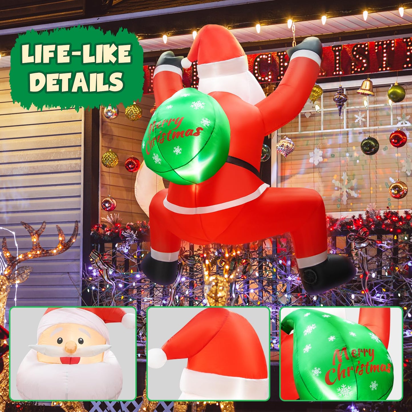 6FT Christmas Inflatable Decorations Hanging Santa Built-in Bright LEDs, Climbing Santa Claus with Gift Bag Christmas Roof Blow Up Yard Inflatables Decoration for Window Wall Outdoor Xmas New Year