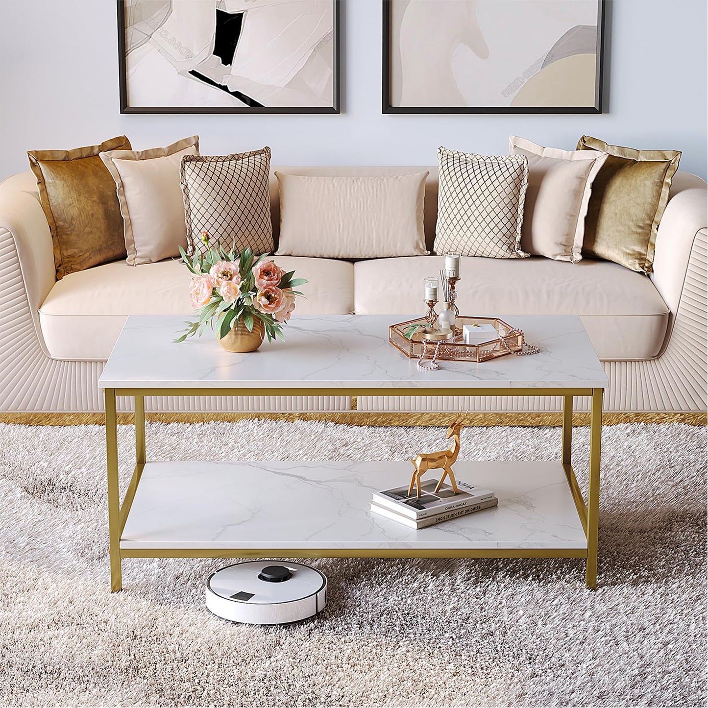 SAYGOER Modern 2-Tier Coffee Table for Living Room White Gold Coffee Tables Industrial Rectangle Wood Table for Large or Small Spaces Home Office Apartment, White Gold