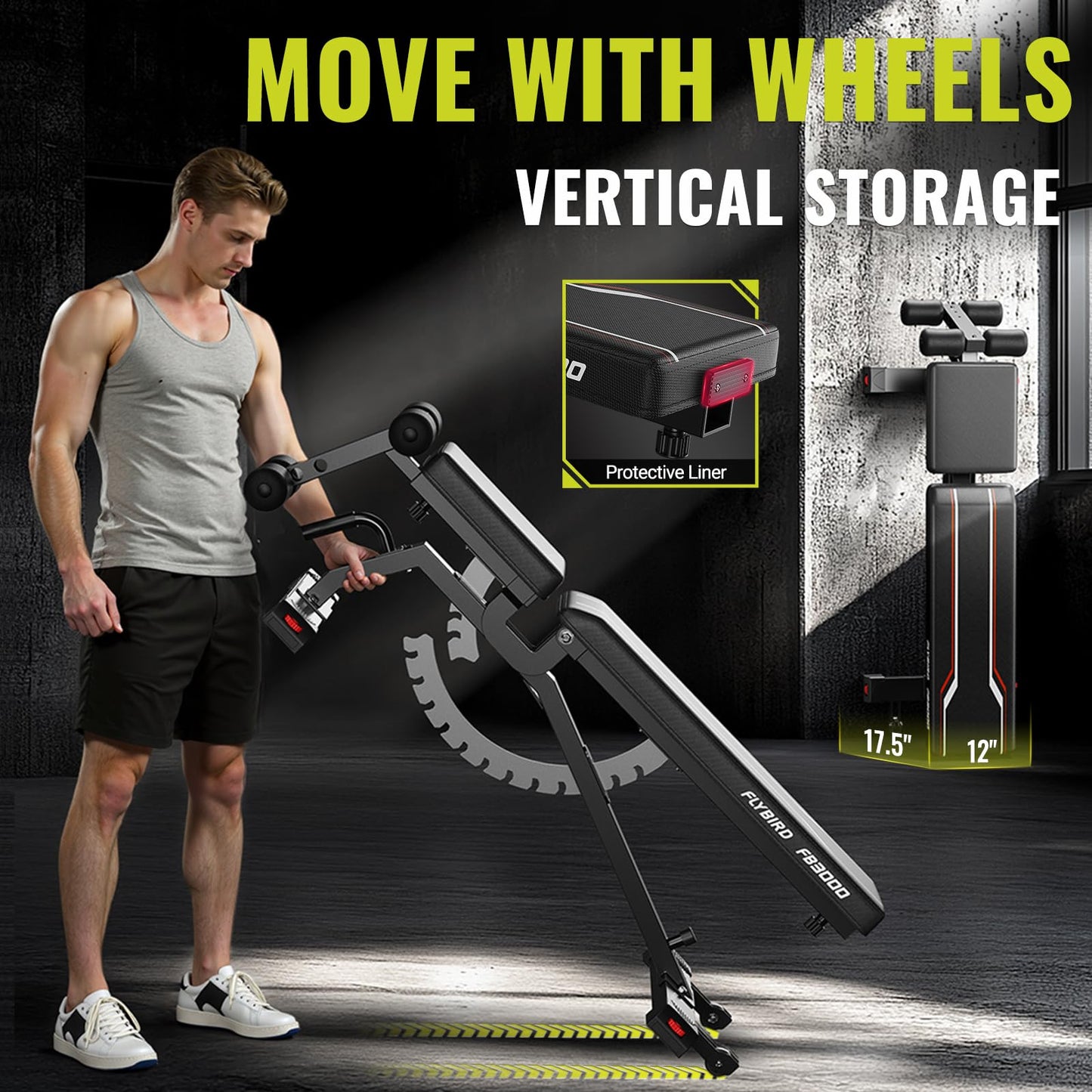 FLYBIRD Strength Training Bench for Home Gym, Vertical Storage Space-Saving Workout Bench, 1200lbs Capacity Adjustable Weight Bench with Detachable Headrest and Leg Support