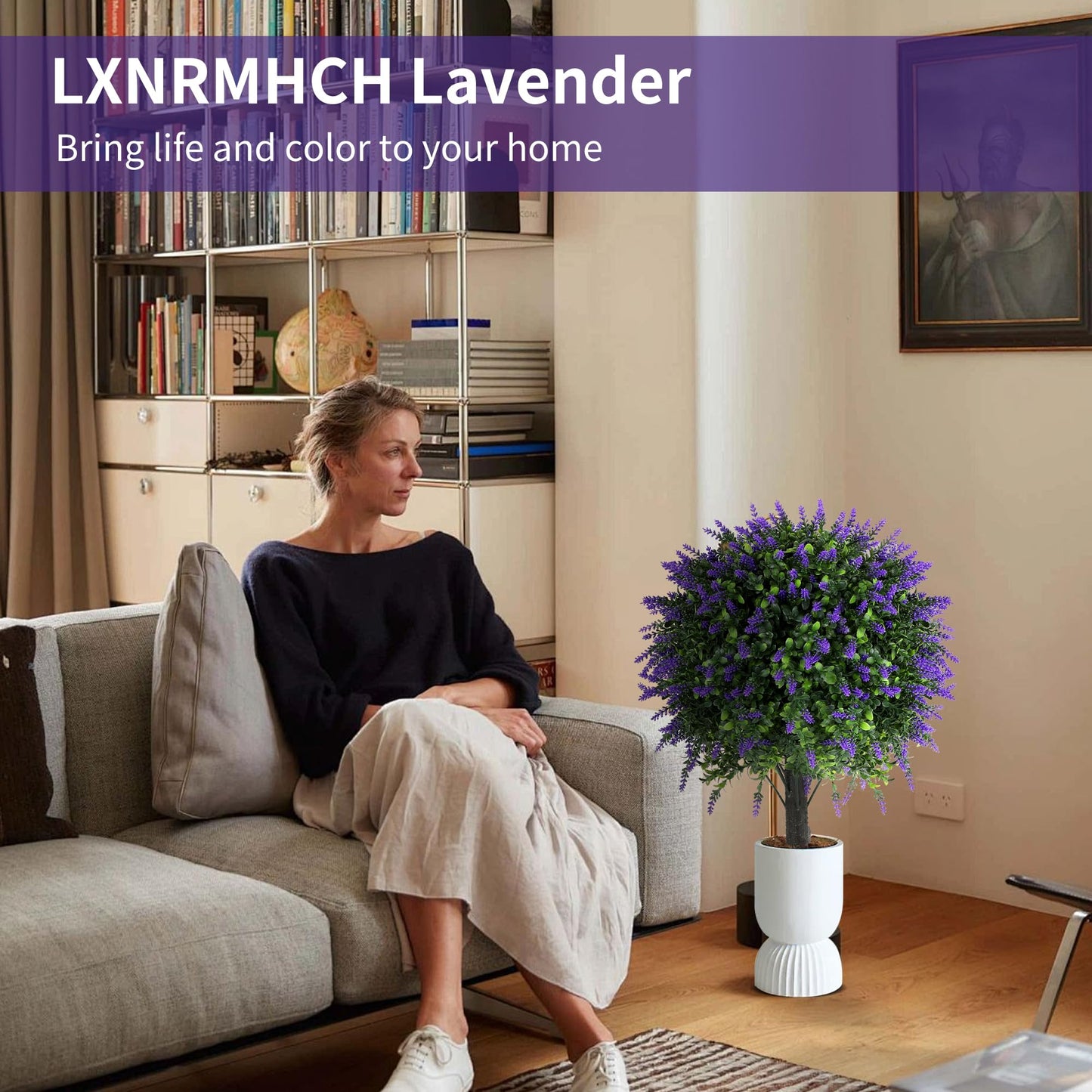 27.2" Artificial Lavender Topiary Set of 2 with Spike, Fake Plants Boxwood Balls Greenery Shrubs , Uv Resistant Artificial Push in Flowers Bushes for Outdoor Front Porch Decor, Home Faux Plants Indoor