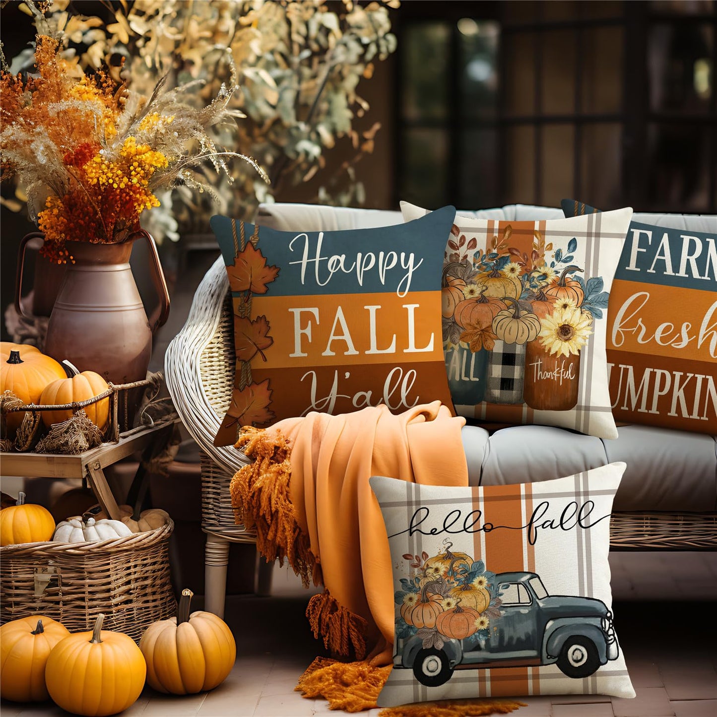 MODOVOS Fall Striped Mason Jar Pumpkin Throw Pillow Covers Thanksgiving Farmhouse Decorations Maple Leaf Outdoor Fall Decor Pillow Covers 18x18 Set of 4 Harvest Autumn Cushion Case for Sofa Couch