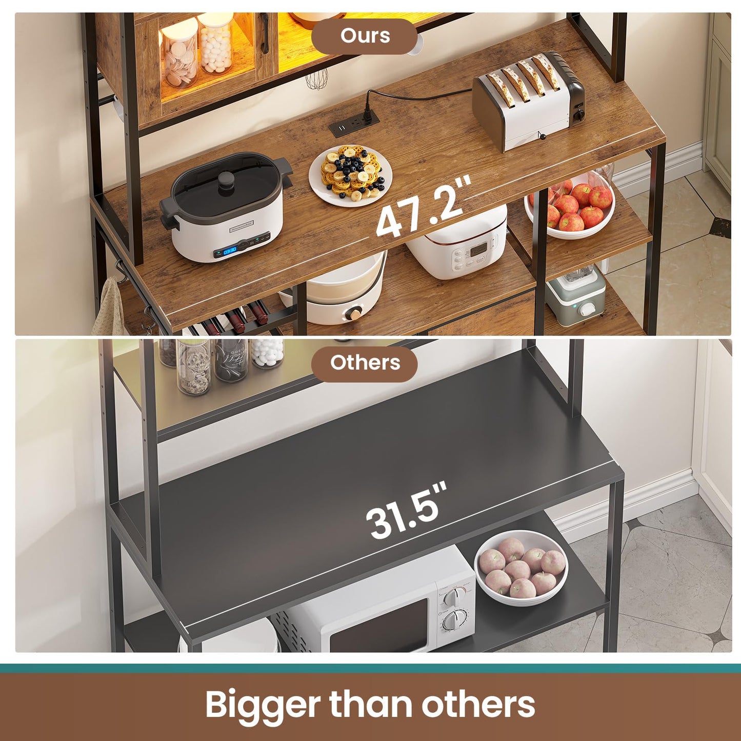 Itaar 47.2 Inch Coffee Bar Cabinet with Power Outlet, Farmhouse Bakers Rack with Storage, Kitchen Microwave Stand with Wine Rack, LED Light, Glass Cabinet, Goblet Holder and 12 Hooks (Rustic Brown)