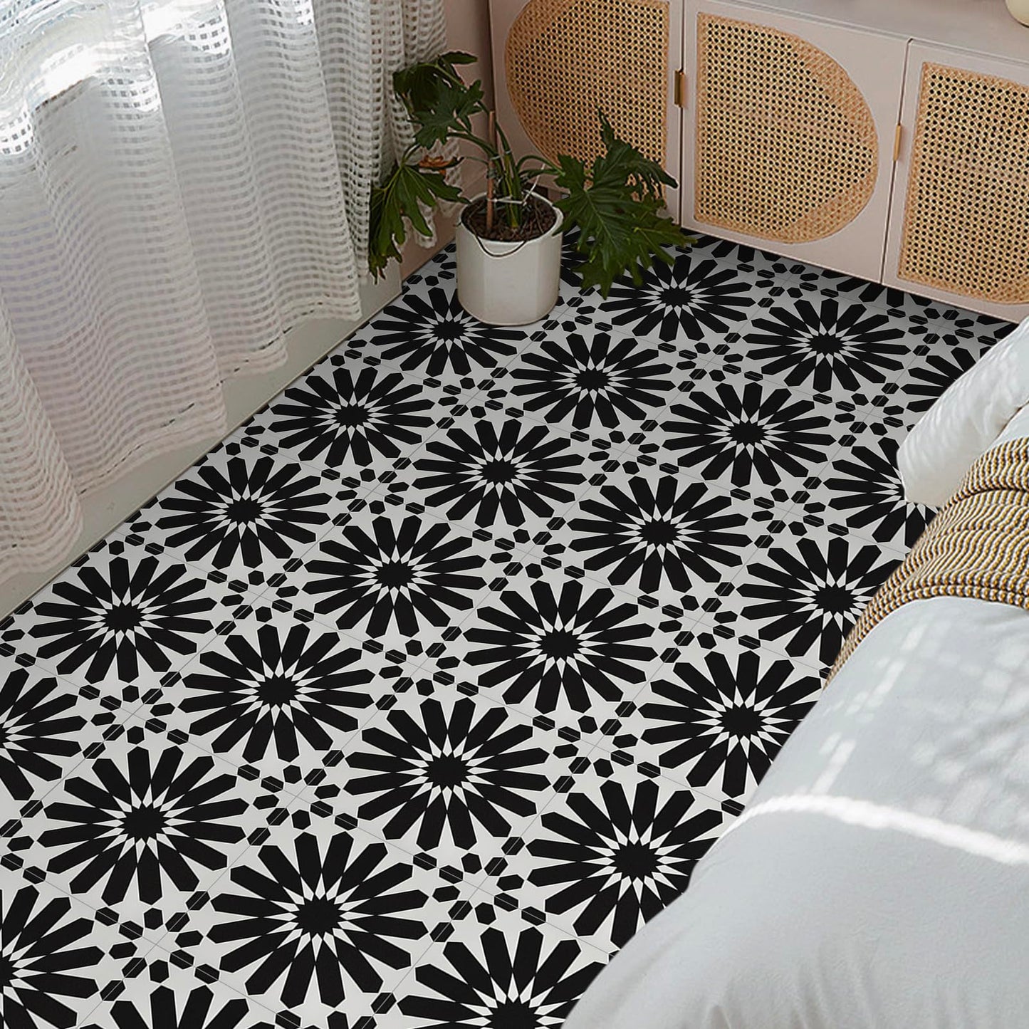 Elffloor Peel and Stick Floor Tile, Black and White Flower Waterproof Vinyl Flooring, 11.8 in×11.8 in, Peel and Stick Flooring for Bathroom, Kitchen, Bedroom, 10 Pcs