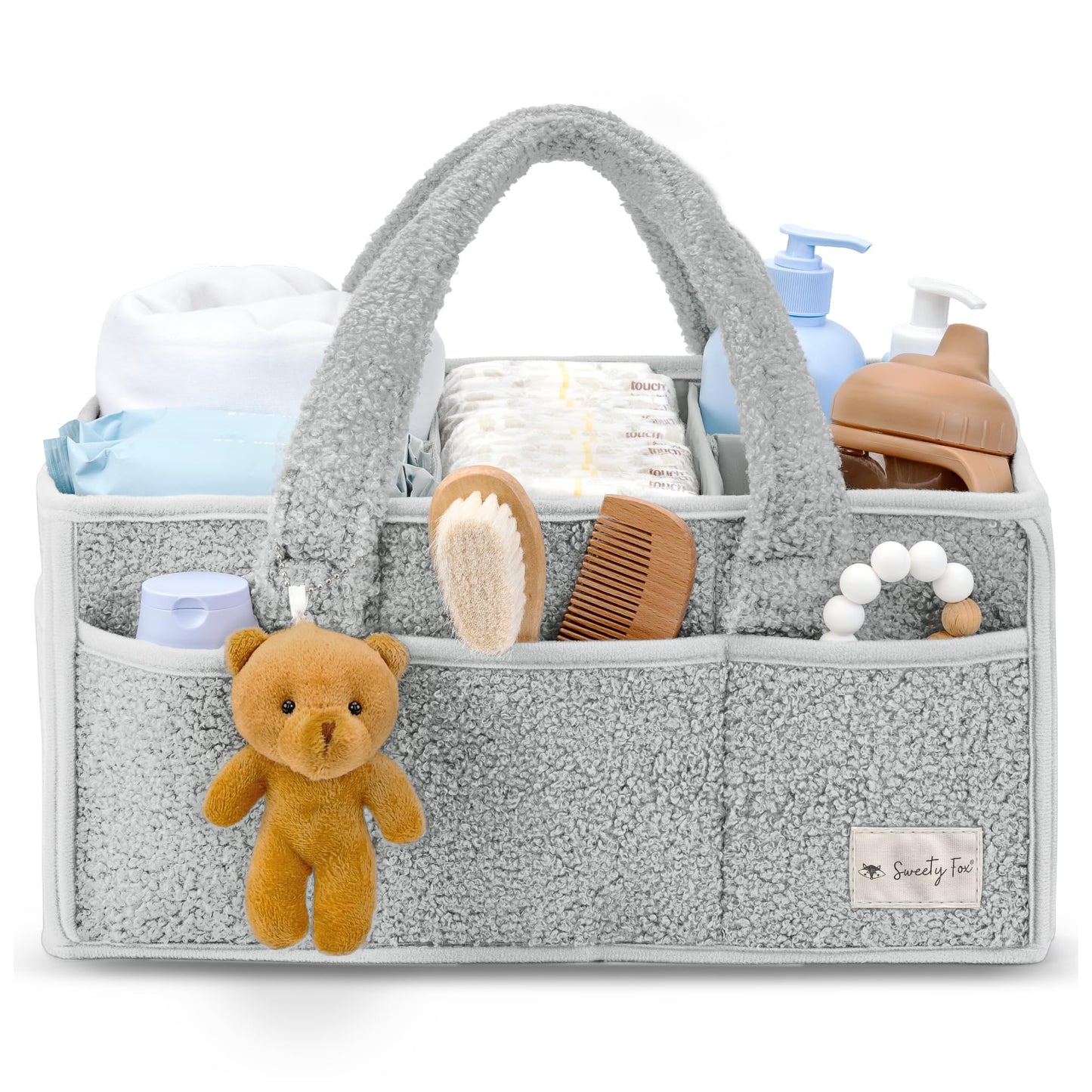 Sweety Fox Baby Diaper Caddy Organizer with Handle - Portable Sherpa Nursery Basket - Car Diaper Organizer, Cleaning Caddy, Gift for Baby Shower - Grey