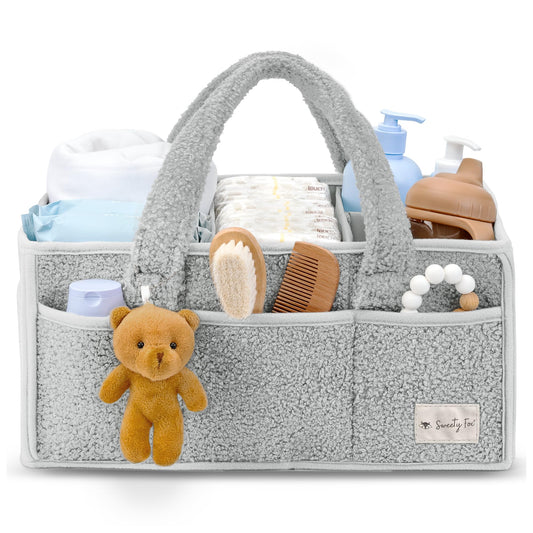 Sweety Fox Baby Diaper Caddy Organizer with Handle - Portable Sherpa Nursery Basket - Car Diaper Organizer, Cleaning Caddy, Gift for Baby Shower - Grey
