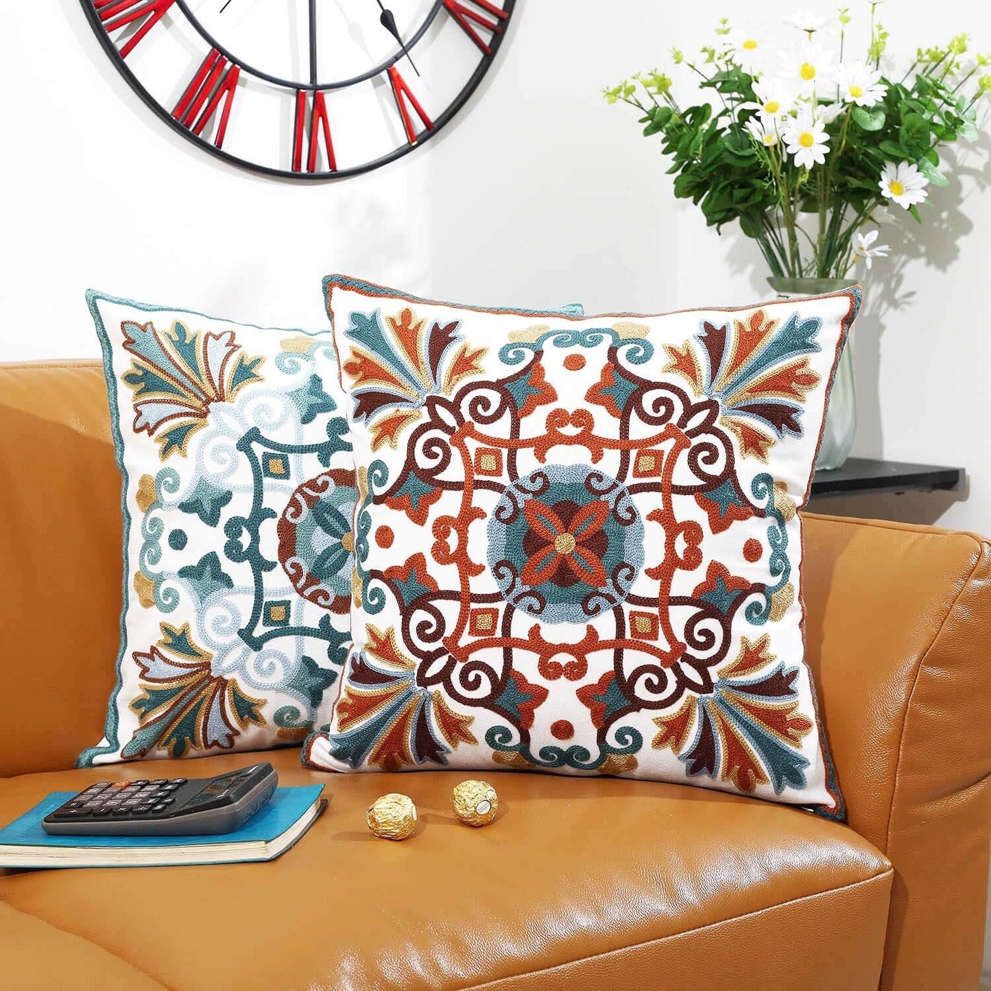 Oneslong Decorative Throw Pillows Cover 18x18inch Pack of 1 Embroidered Pattern 100% Cotton Couch Pillow Covers for Living Room Sofa Chair