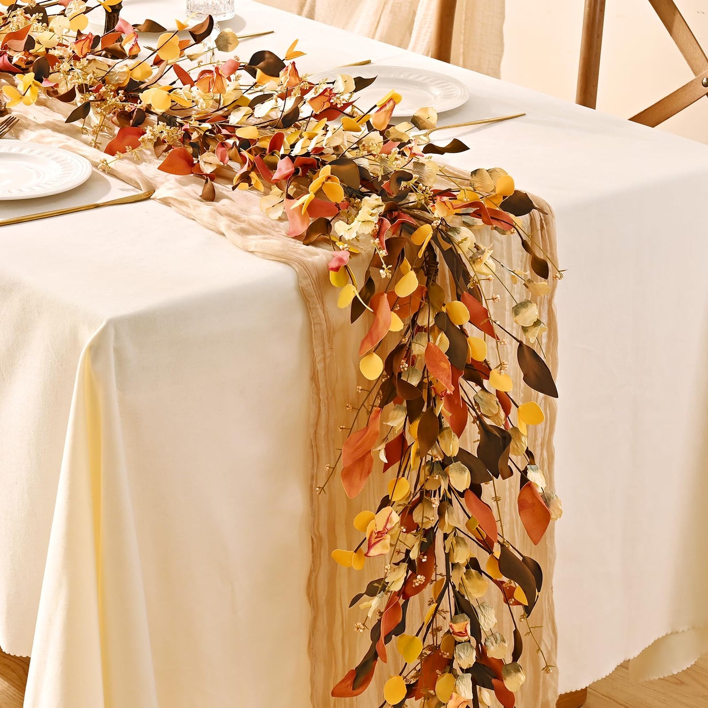 Waipfaru Fall Decor, Fall Garland with Lights, 6FT Autumn Eucalyptus Leaves Lighted Garland Thanksgiving Harvest Festival Decorations for Home Mantle Porch Outdoor Indoor Wedding Table Wall Arch