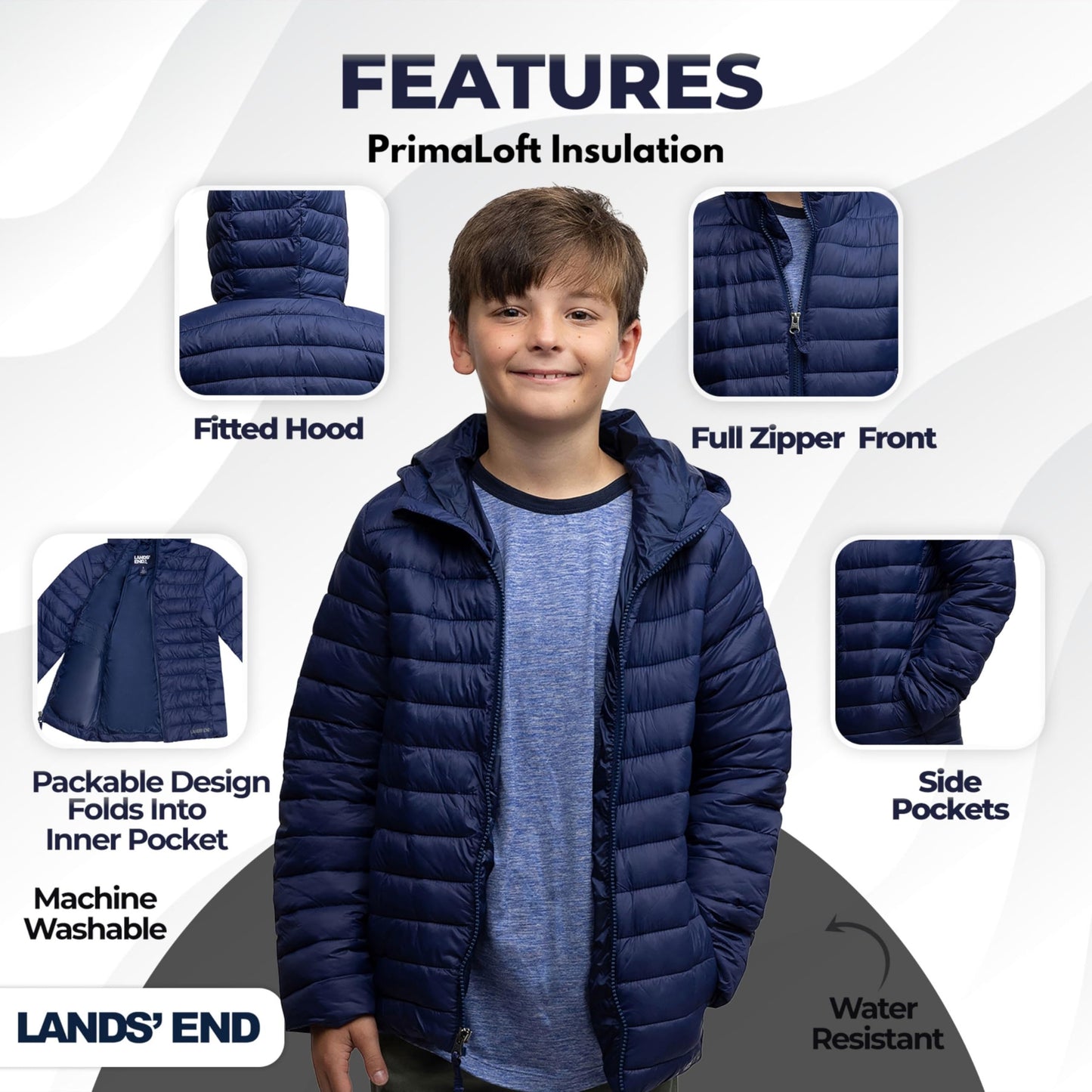 Lands' End Kids Full Zip Lightweight Thermoplume Hooded Jacket, Navy, Large