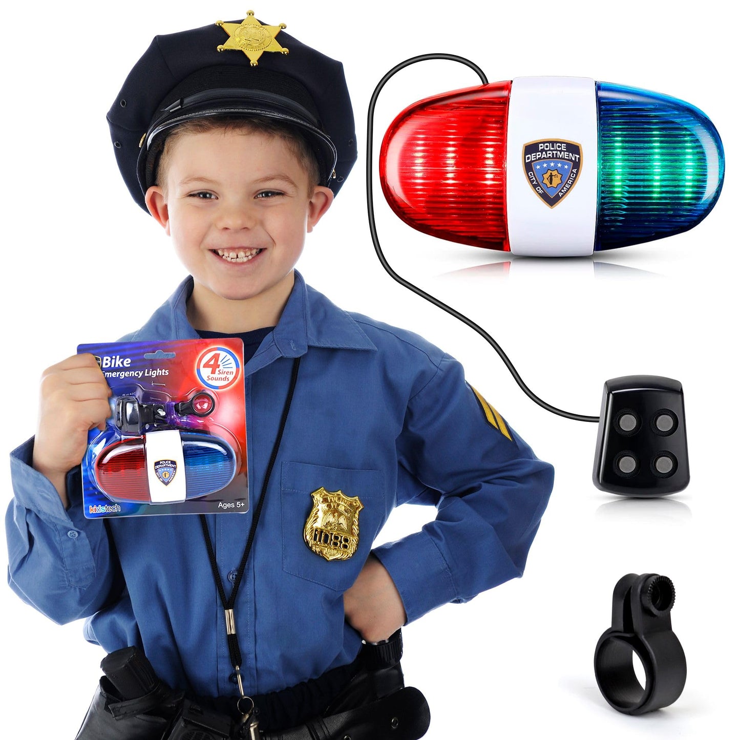 Kids Tech Bike LED Light - Police Sound Light Electronic Horn - Bicycle Siren, 5 LED Light 4 Sounds Trumpet, Warning Safety Light, Waterproof Bicycle Lights Accessories, (Batteries Not Included)