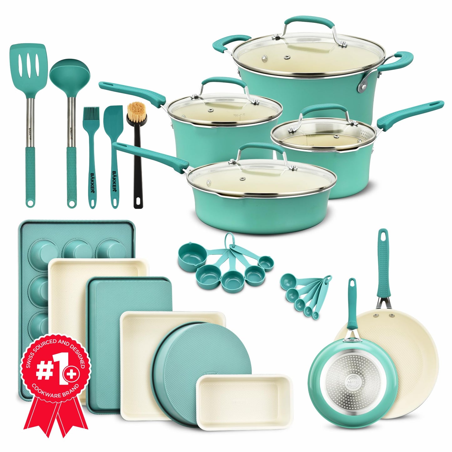 Pots and Pans Set, 23-Piece Non Stick Cookware & Bakeware Sets with Plaid Pattern, Stackable Design, Dishwasher Safe, Stain-resistant, Oven & All-Stove Safe, Tempered Glass Lid, Aqua