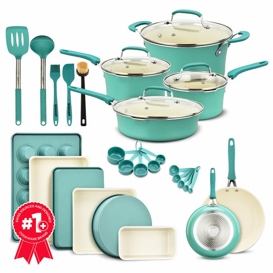 Pots and Pans Set, 23-Piece Non Stick Cookware & Bakeware Sets with Plaid Pattern, Stackable Design, Dishwasher Safe, Stain-resistant, Oven & All-Stove Safe, Tempered Glass Lid, Aqua