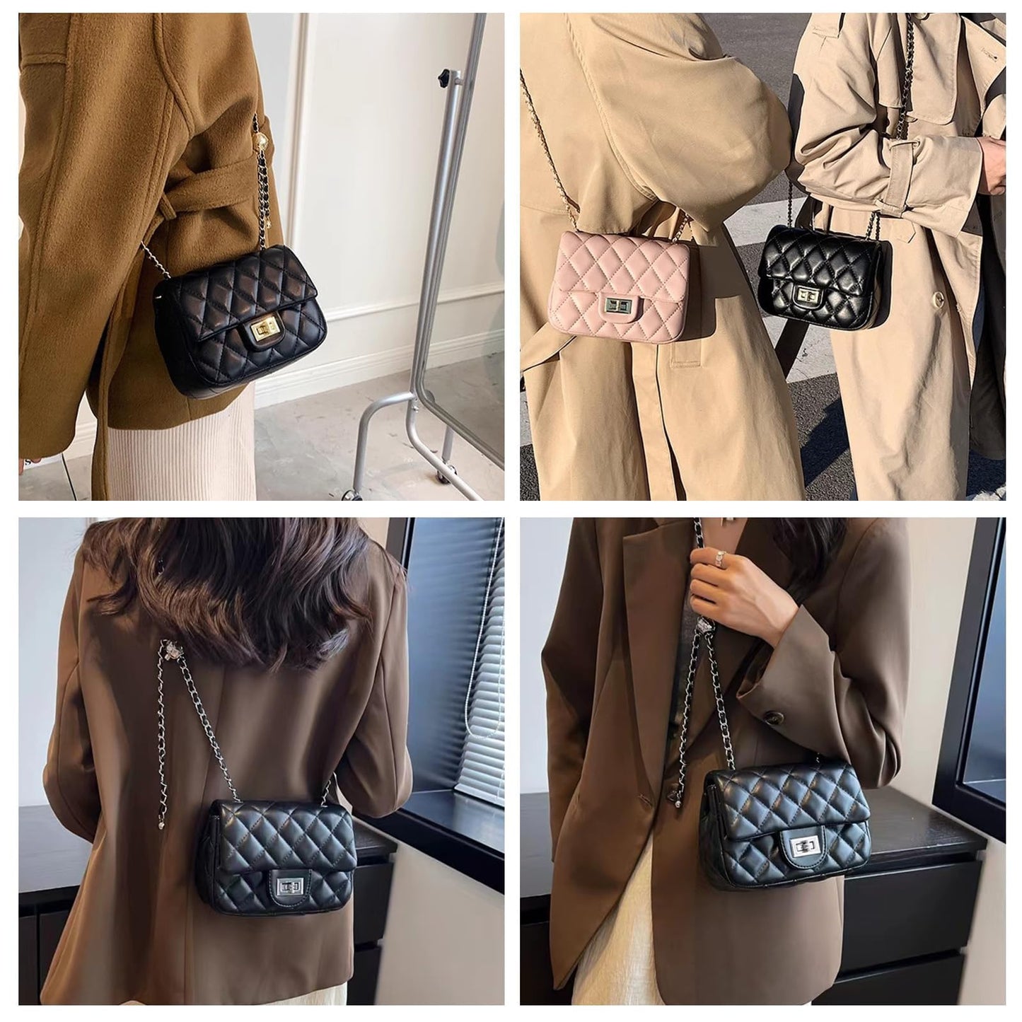 DOTBABY Diamond Chain Shoulder Crossbody Bag, Fashionable Women's Leather Tote Handbag, Adjustable Straps,Buckle Opening Bag (Black)