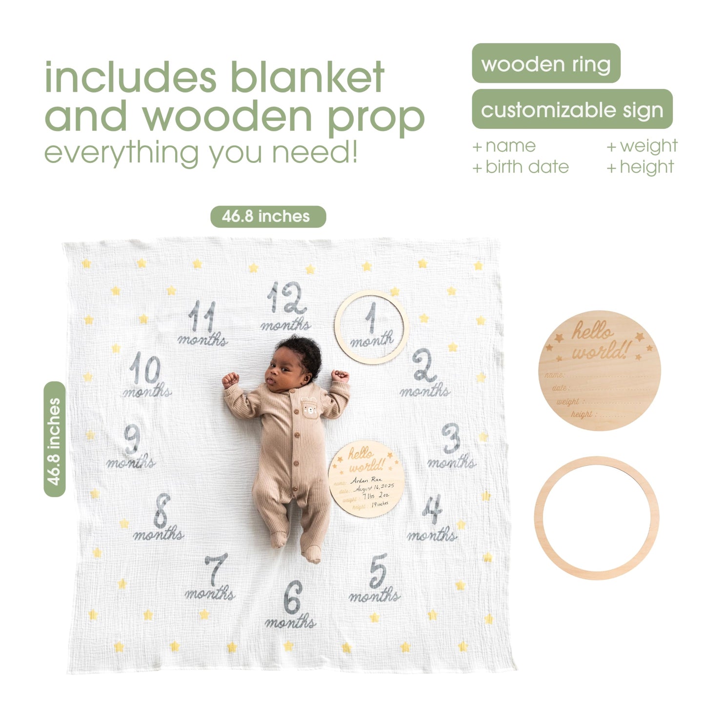 Pearhead Hello World Milestone Blanket and Prop, Baby Monthly Milestone Updates, Growth Blanket with Photo Posing Props, Ideal, Perfect Newborn Gift and Nursery Decor