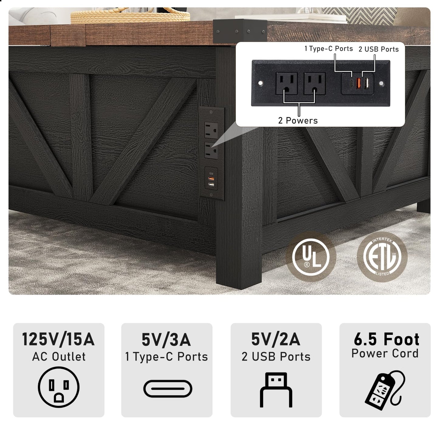 jimeimen Farmhouse Lift Top Coffee Table with Storage, Wood Square Center Table with Charging Station&USB Port, Living Room Table w/Large Hidden Space, for Living Room, Bedroom, Home Office, Black