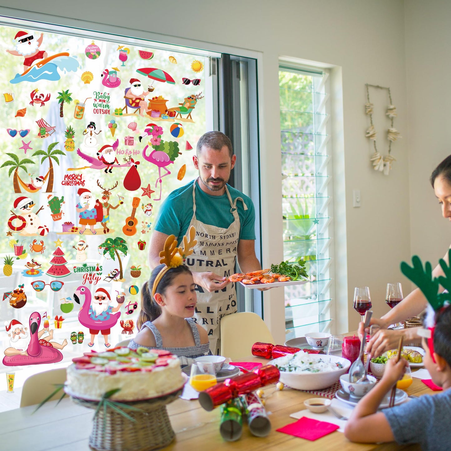 Christmas July Window Clings, 9 Sheets Summer Christmas Window Clings, Tropical Santa Claus Decals Decor, Flamingo July Hawaiian Xmas Snowman Stickers Beach Hawaii Summer Party Decorations Supplies