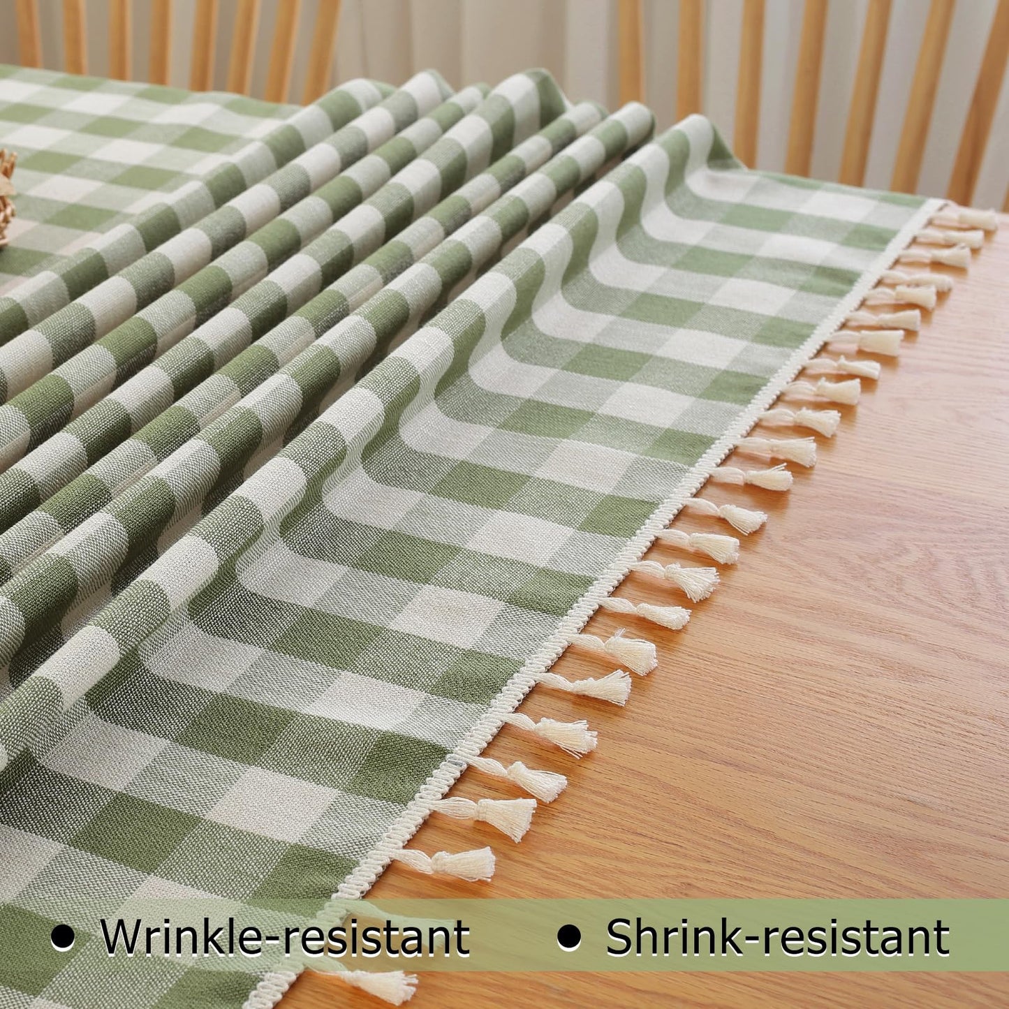 Alsoo Checkered Rectangle Tablecloth Cotton Linen Fabric Gingham Table Cloth Buffalo Plaid Table Cover with Tassel Wrinkle Free Washable for Kitchen Dining Picnic, Green and White, 55X75''