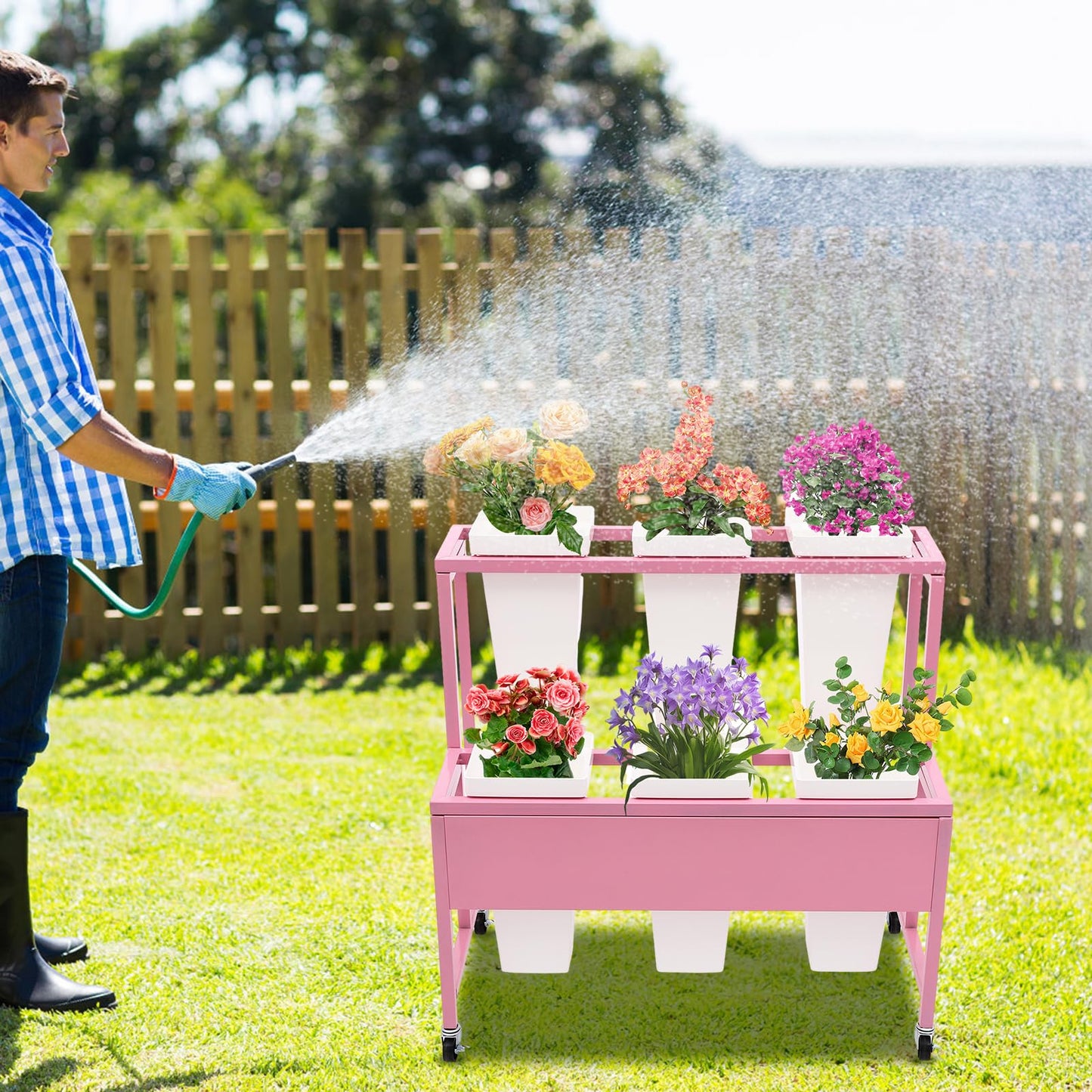 BAIODNB Flower Display Stand with 6PCS Buckets,2 Layers Metal Plant Stand With Wheels Plant Cart, Moving Florist Bouquet Shelf Flower Rack for Indoor, Outdoor Patio Garden, Living Room (Pinl+White)