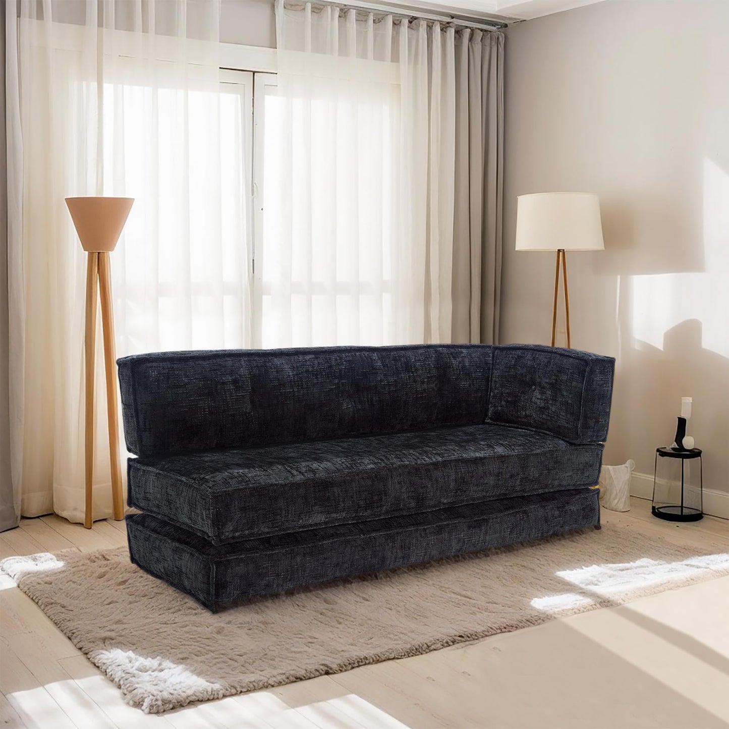 VYNELITO Modular Couch Convertible Sleeper Floor Sofa Bed, Chenille Folding Mattress Couch with Side Bag Storage, 4-in-1 Combined Lazy Sofa for Living Room Bedroom,Black