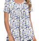 MUSE SHOW Women's 2025 Summer Tops Short Sleeve Tunic Shirts Casual Comfy Blouse White and Blue Flowers L